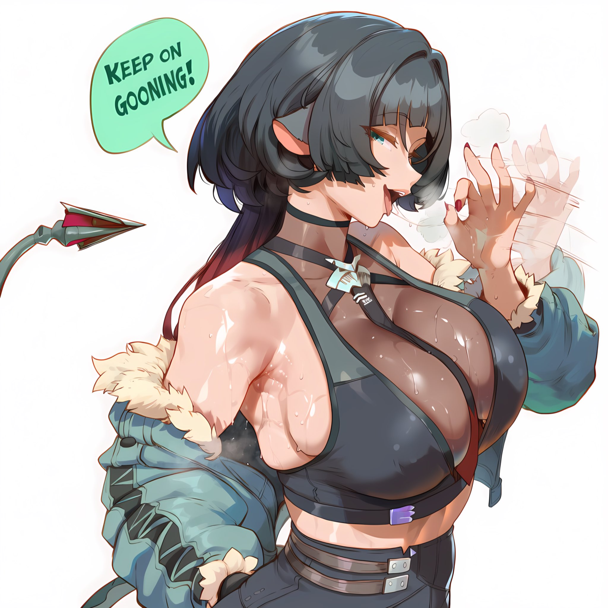 1girls, ai generated, bangs, bare shoulders, big breasts, black hair, blue eyes, breasts, choker, cleavage, english text, female, fur trim, genlation, jane doe (zenless zone zero), open mouth, solo, speech bubble, sweat, zenless zone zero