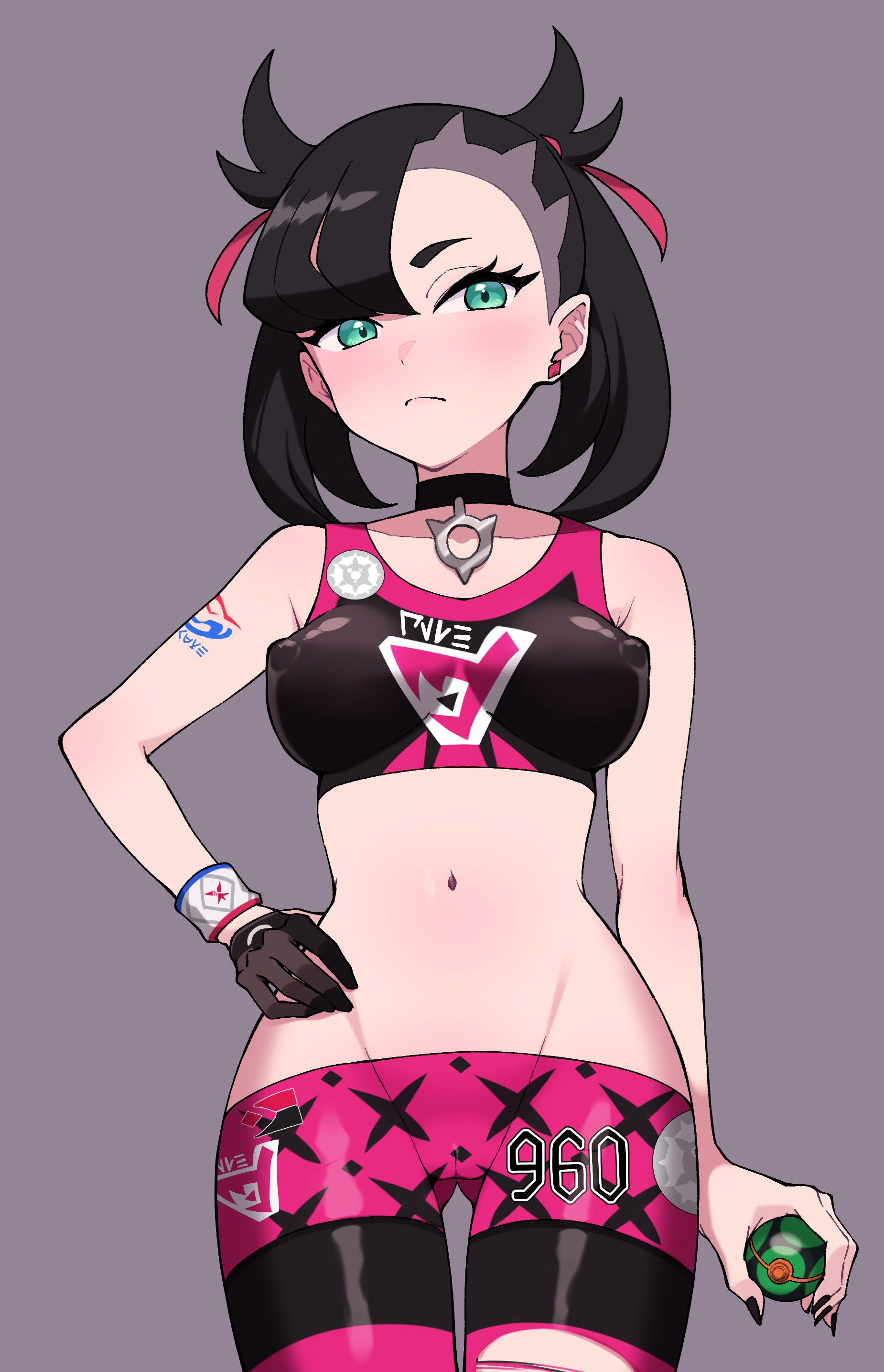 absurdres, arm tattoo, asymmetrical bangs, bike shorts, black hair, black leggings, black nails, breasts, cameltoe, closed mouth, commentary request, covered erect nipples, dynamax band, earrings, eyelashes, female, female only, gloves, green eyes, grey background, hair ribbon, highres, holding, jewelry, leggings, maki (letusgomaki), marnie (pokemon), medium hair, nail polish, navel, nintendo, pink leggings, pokemon, pokemon ss, ribbon, simple background, single glove, solo, sports bra, stomach, striped leggings, tattoo, torn clothes, torn leggings, two-tone leggings