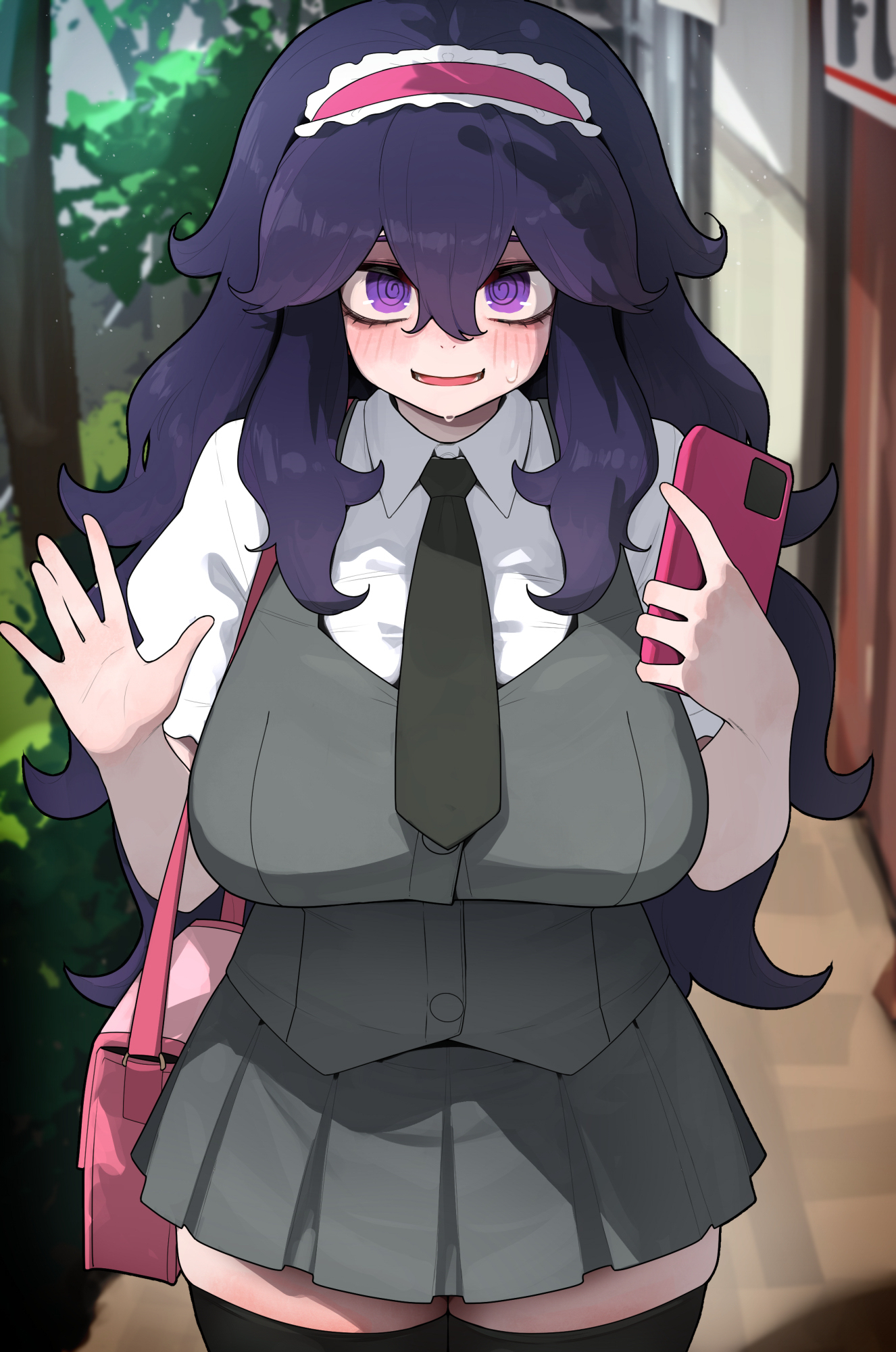 1girls, ahoge, alternate costume, bag, bangs, black thighhighs, blush, breasts, busty, cellphone, clothed, clothing, collared shirt, commentary request, female, female only, frilled hairband, frills, fully clothed, grey skirt, grey vest, hair between eyes, hairband, hand up, hex maniac, highres, hizake, holding, holding phone, human, kashu (hizake), long hair, long sleeves, looking at viewer, lower teeth only, necktie, nervous, nervous sweat, nintendo, open mouth, outdoors, phone, pink hairband, pleated skirt, pokemon, pokemon xy, purple eyes, purple hair, school uniform, shirt, shoulder bag, shy, skirt, smartphone, smile, solo, standing, sweat, teeth, thighhighs, tongue, vest, waving, white shirt