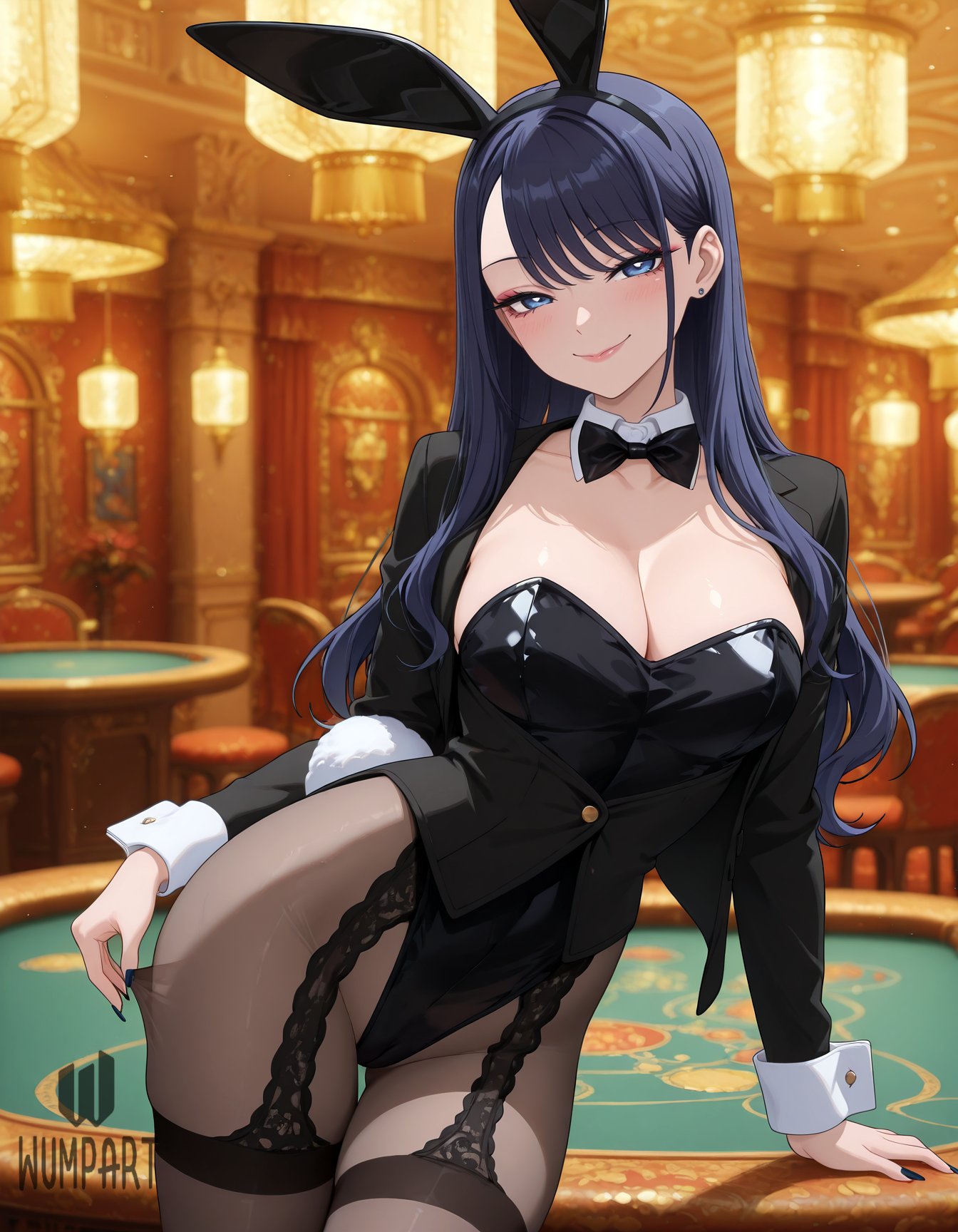 ai generated, animal ears, black bow, black bowtie, black hair, black hairband, black jacket, black leotard, black pantyhose, blue eyes, blue hair, blurry, blush, bow, bowtie, breasts, casino, cleavage, closed mouth, collarbone, covered navel, cowboy shot, detached collar, fake animal ears, fake tail, female, hairband, highleg, highleg leotard, indoors, jacket, kitagawa marin, large breasts, leotard, long hair, long sleeves, looking at viewer, nail polish, pantyhose, playboy bunny, rabbit ears, rabbit tail, smile, solo, sono bisque doll wa koi wo suru, strapless, strapless leotard, table, tail, thigh gap, thighband pantyhose, thighs, wrist cuffs, wumpart
