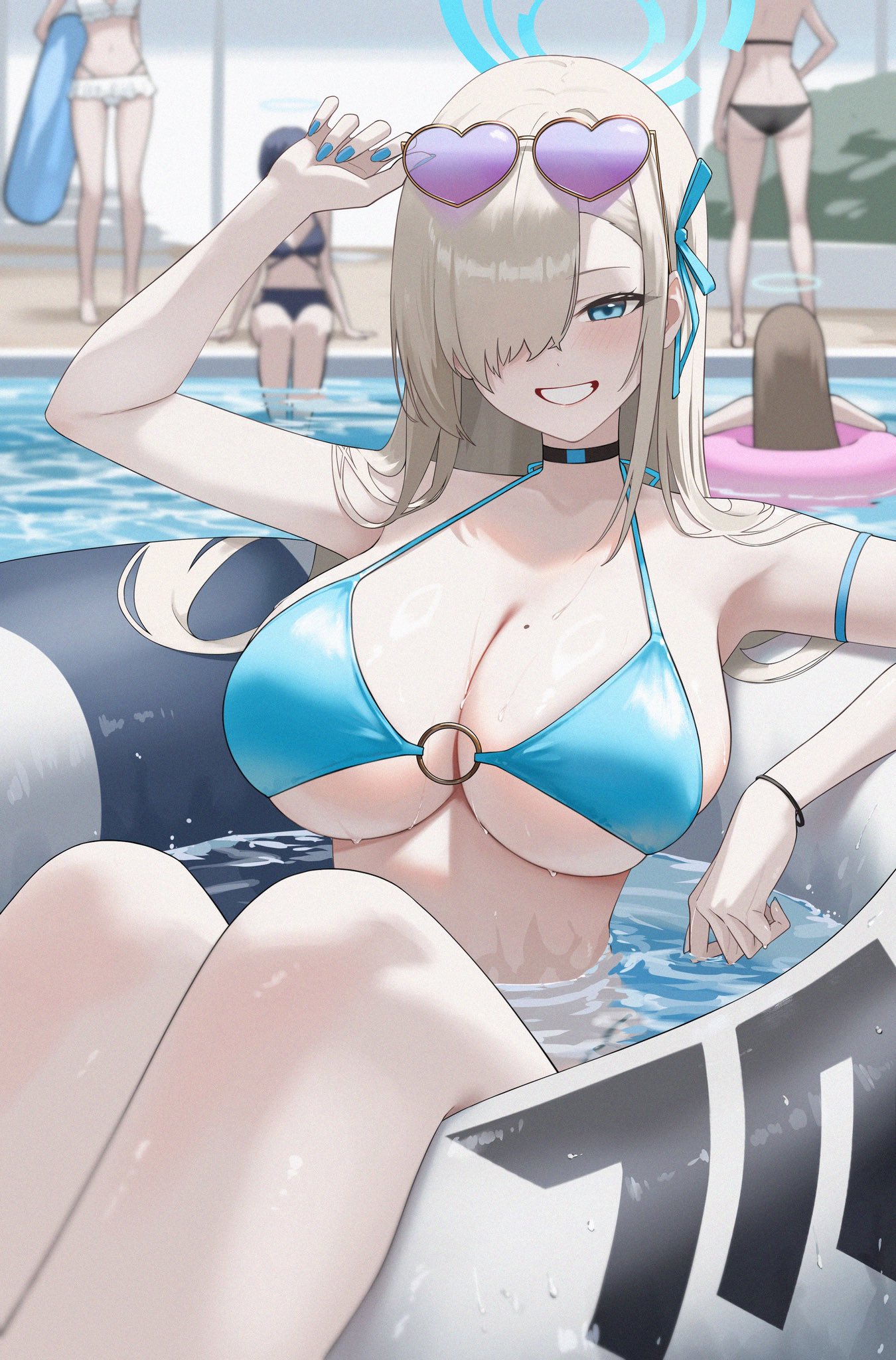 5girls, asuna (blue archive), bikini, blue archive, blue nails, breasts, cleaning & clearing (blue archive), female, grin, heart-shaped eyewear, huge breasts, innertube, millennium science school student, multiple females, multiple girls, partially submerged, sitting, smile, solo focus, sunglasses, sunglasses on head