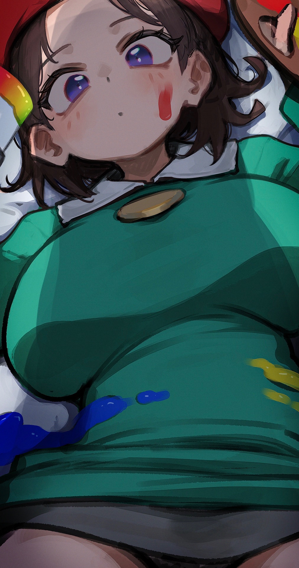 1girls, adeleine, aged up, alternate breast size (larger), beret, black hair, black panties, breasts, bright pupils, closed mouth, commentary request, dot mouth, dot nose, female, female focus, female only, forehead, from above, green shirt, grey skirt, hat, highres, hizake, kashu (hizake), kirby (series), kirby 64, large breasts, light blush, light skin, light-skinned female, looking at viewer, lying, miniskirt, nintendo, on back, paint, paint palette, panties, panty peek, purple eyes, red hat, shirt, short hair, skirt, solo, solo female, solo focus, twitter link, underwear, upskirt, white pupils