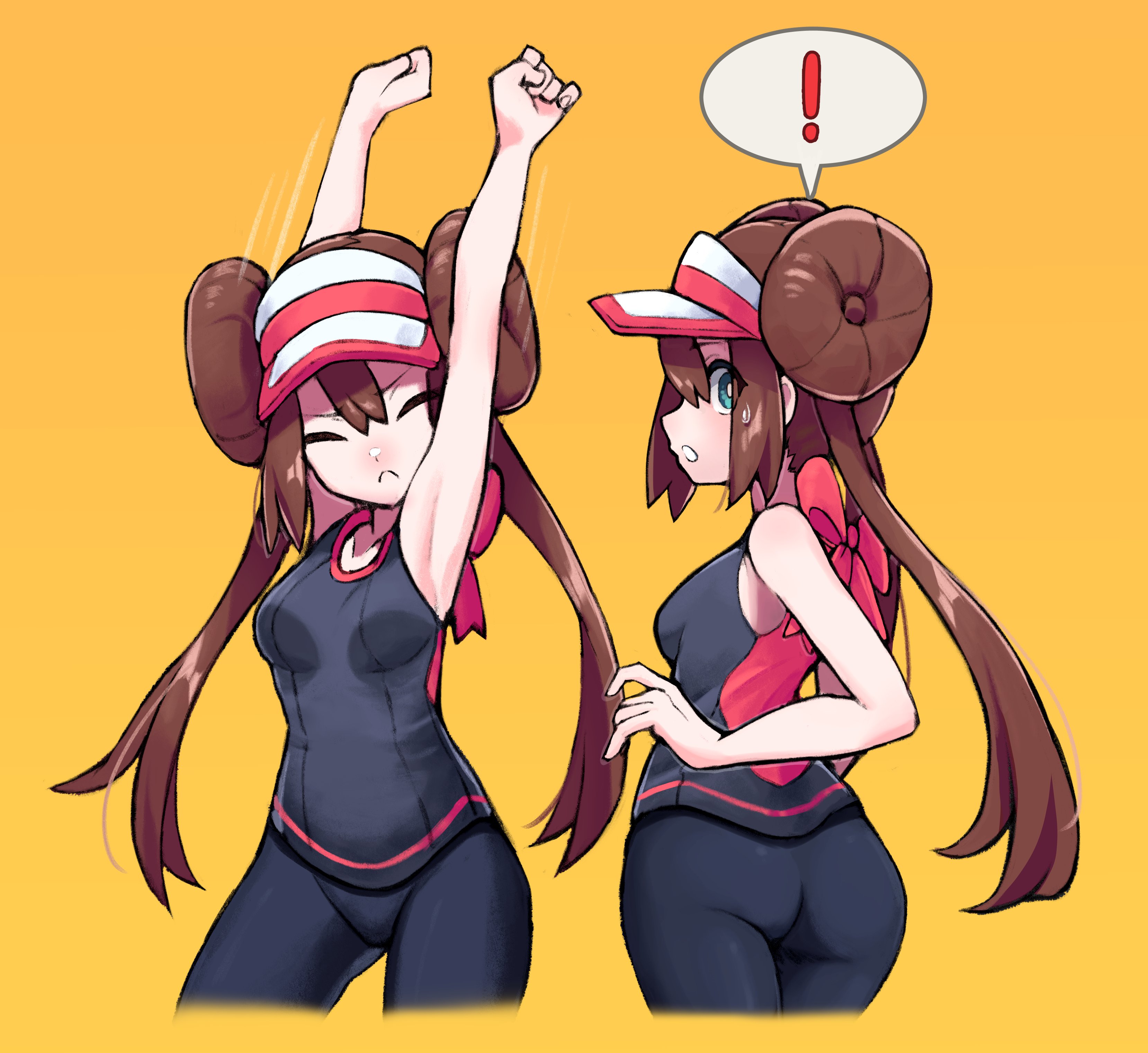 2024 pokemon teraleak, absurdres, armpits, bare shoulders, black shirt, blue eyes, breasts, brown hair, double bun, female, female only, grimmelsdathird, hair bun, highres, looking at viewer, mei (pokemon), nintendo, pokemon, pokemon bw2, rosa (pokemon), shirt, simple background, sleeveless, sleeveless shirt, solo, speech bubble, stretching, sweatdrop, twintails, upper body, visor cap, yellow background