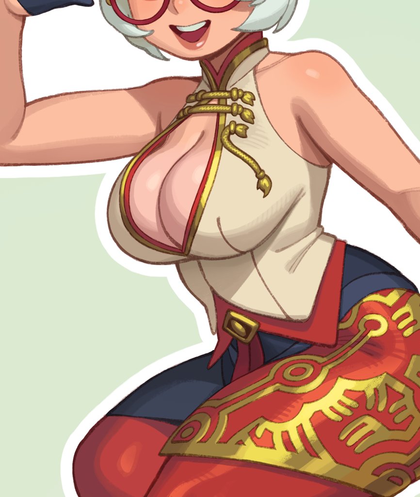 1girls, bare shoulders, breasts, cleavage, commentary, cropped, english commentary, eyes out of frame, female, glasses, large breasts, lips, pantyhose, purah, purah (tears of the kingdom), rizdraws, short hair, sitting, smile, solo, tears of the kingdom, teeth, the legend of zelda, thighs, tongue, white hair