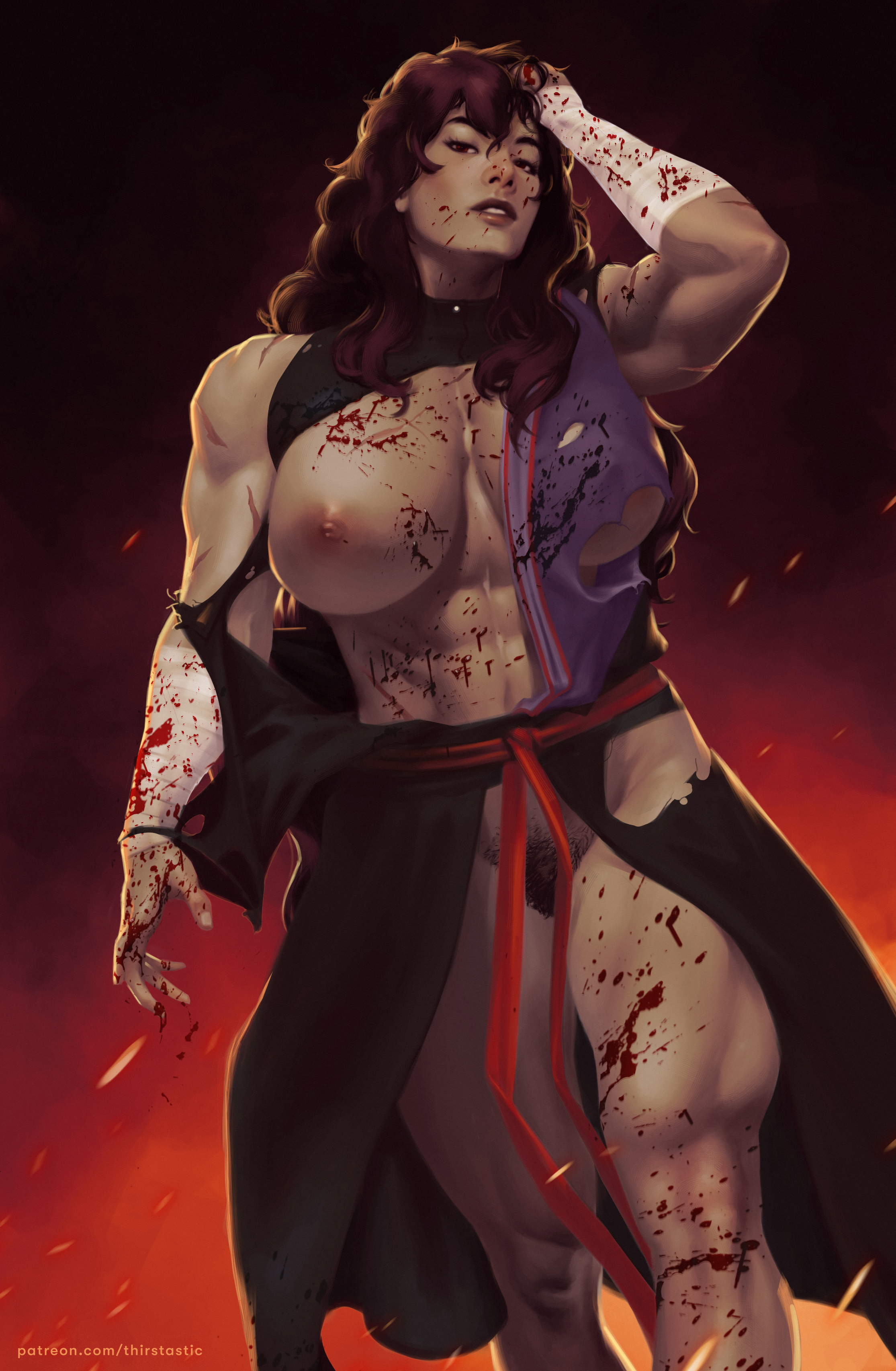 1girls, abs, blood, curly hair, dima ivanov, female, looking at viewer, muscular, muscular female, original character, pubic hair, red hair, torn clothes