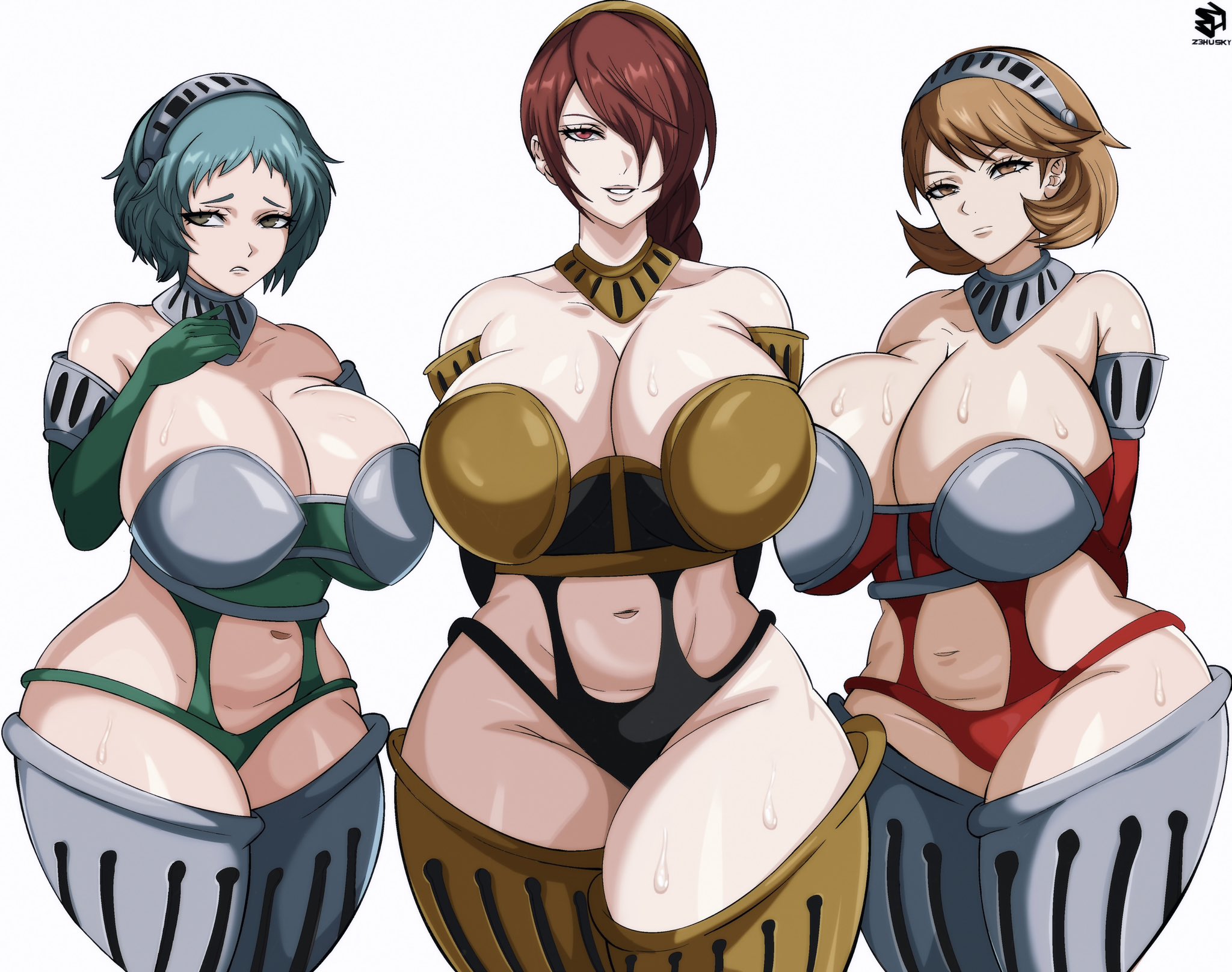 3girls, armor, battle panties, big breasts, blonde hair, blue hair, breasts, busty, cleavage, clothing, female, female only, fuuka yamagishi, hair over one eye, high-cut armor (persona), huge breasts, large breasts, looking at viewer, metal bikini, mitsuru kirijo, mitsuru kirijo (sexy armor), navel, official alternate costume, persona, persona 3, persona 3: dancing in moonlight, red hair, sexy armor, sweat, sweatdrop, sweaty body, sweaty breasts, taking picture, thick thighs, thigh boots, thunder thighs, white background, wide hips, yukari takeba, z3husky