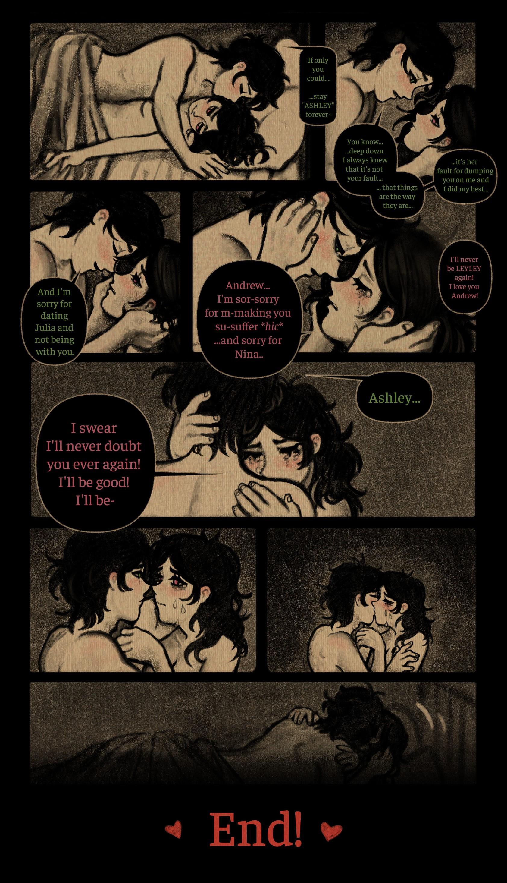 1boy, 1girls, 2d, andrew graves, ashley graves, bed, black hair, blush, brother and sister, comic, couple, crying, cuddling, dialogue, embrace, english text, female, green eyes, hug, hugging, incest, kissing, kloffein, lying on bed, male, multiple panels, nude, pink eyes, romantic, siblings, tears, the coffin of andy and leyley, wholesome