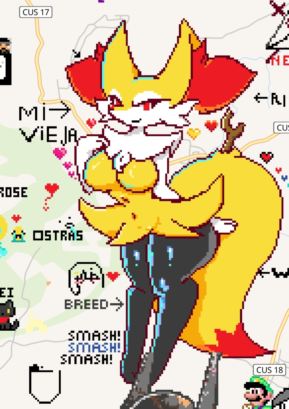 ass, big thighs, braixen, breasts, breeding slave, female, furry, huge breasts, looking at viewer, pixel art, pokemon, pokemon (species), pokemon xy, posing, posing for the viewer, red eyes, sexy, small waist, smile, tail, thick ass, thighs, wplace, yellow fur, yellow hair