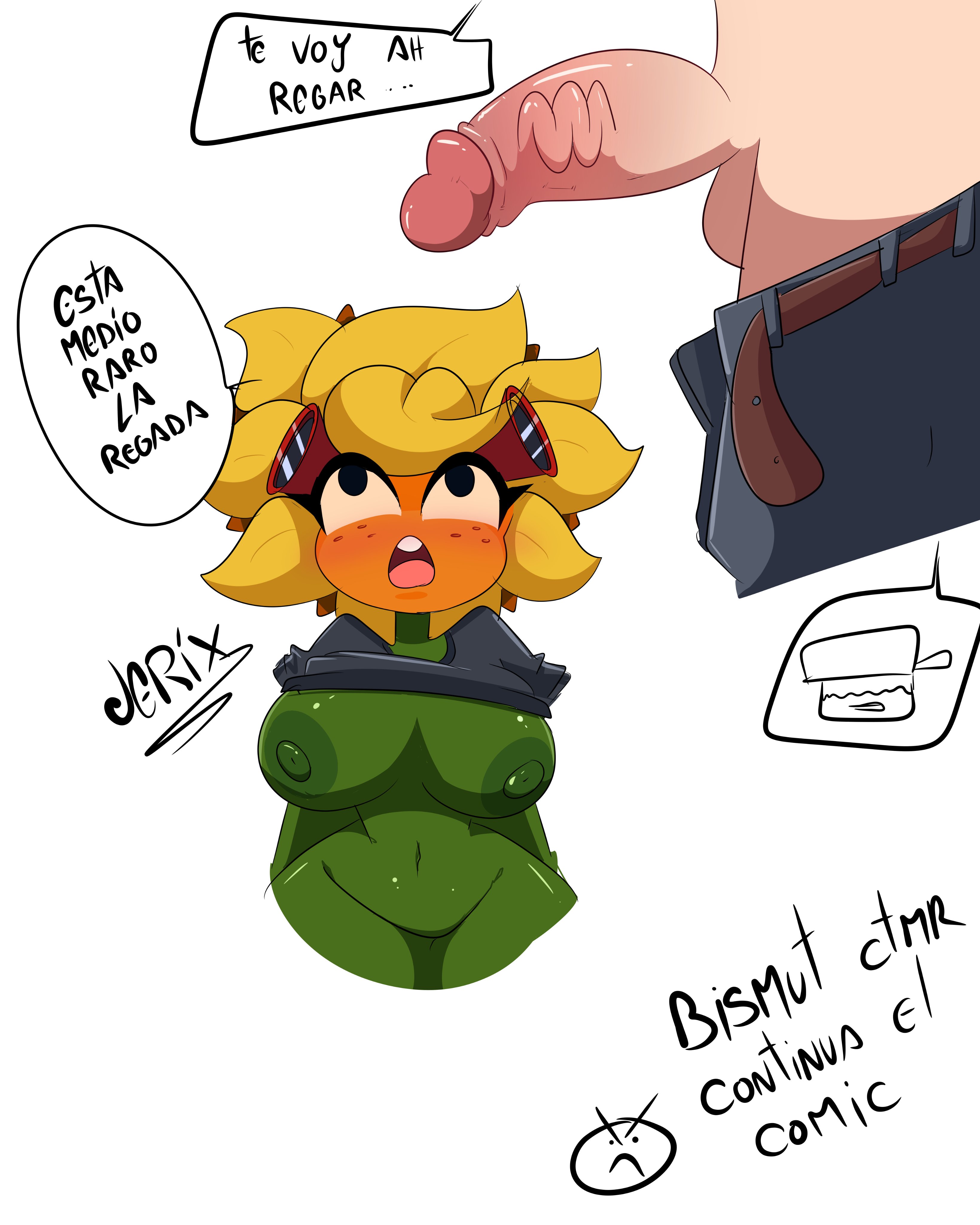 1boy, 1girls, crazy dave (pvz), female, glasses, green body, jeans, jerix, male, no pants, penis, plant, plant girl, plants vs zombies, plants vs zombies: heroes, plants vs. zombies, solar flare (pvz), spanish text, text, twitter username, yellow hair
