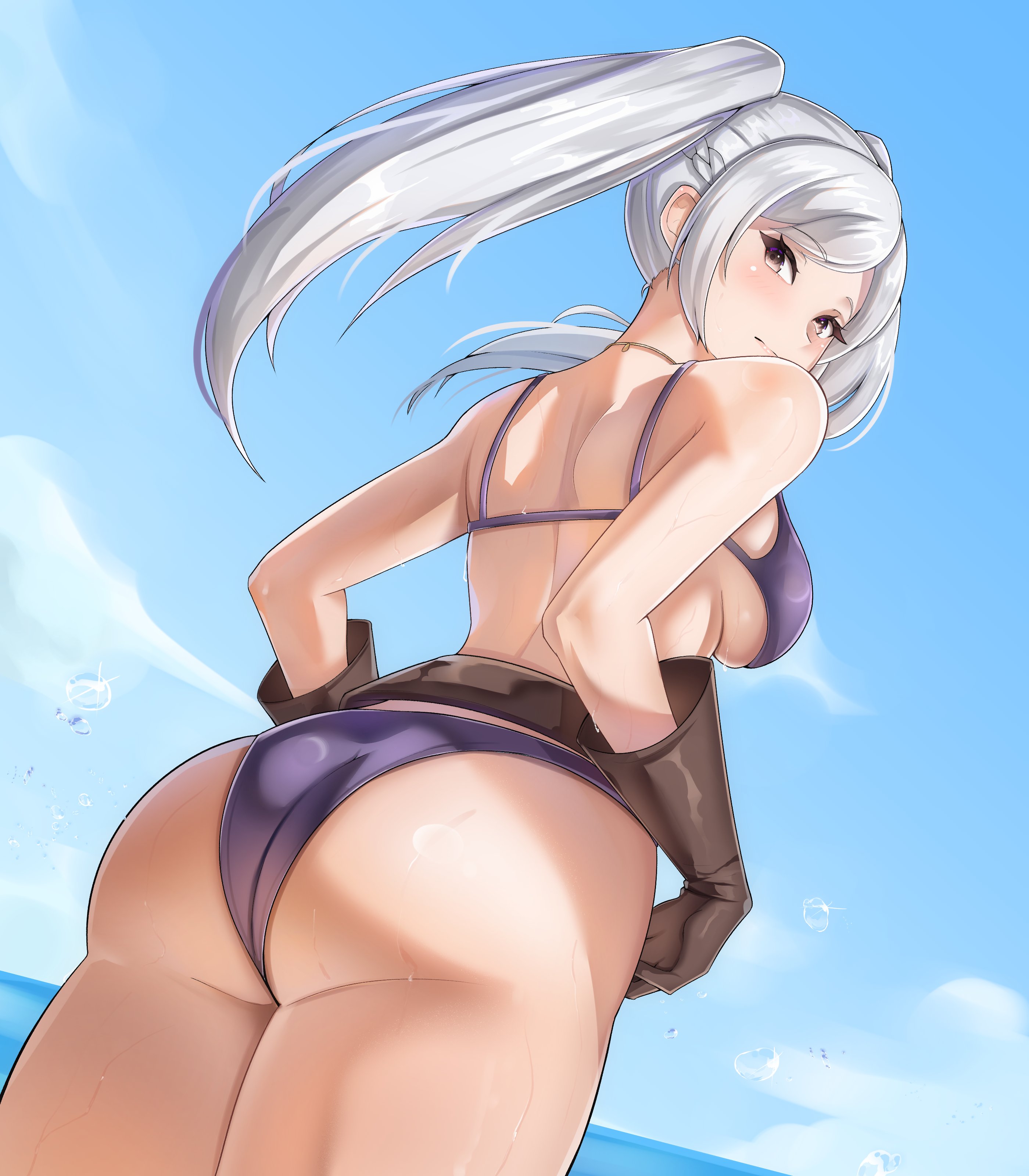 1girls, alternate costume, ass, ass focus, bare shoulders, bikini, blush, breasts, embarrassed, female, female only, fire emblem, fire emblem awakening, from behind, from below, gloves, huge ass, long hair, looking at viewer, looking back, nintendo, red eyes, robin (fire emblem), robin (fire emblem) (female), sideboob, solo, succducc888, swimsuit, twintails, white hair
