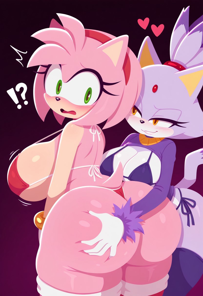 2girls, ai generated, amy rose, bikini, blaze the cat, blush, breasts, dog husky ai, duo, female, female focus, grabbing ass, massive breasts, simple background, smug, sonic (series), sonic the hedgehog (series), squeezing butt, thick ass, thick thighs, thighhighs, thong, thong bikini, wide eyed, wide hips, yuri