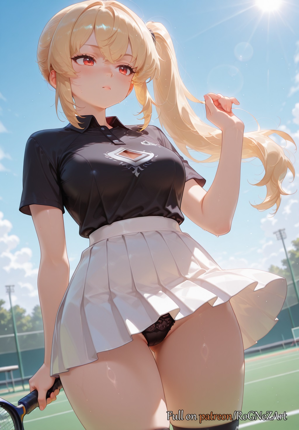 2025, ai generated, bangs, black panties, black shirt, black thighhighs, blonde hair, blush, breasts, cameltoe, cleavage, closed mouth, collared shirt, day, female, female focus, female only, flushed, highres, holding, hoyoverse, huge breasts, large breasts, long hair, luciana de montefio, mihoyo, neutral expression, outdoors, panties, patreon, pleated skirt, racket, red eyes, rognezart, shirt, short sleeves, side ponytail, skirt, sky, solo, sportswear, sun, sweat, sweaty, tennis racket, tennis uniform, thick thighs, thighhighs, thighs, underwear, very long hair, white skirt, wind, wind lift, zenless zone zero