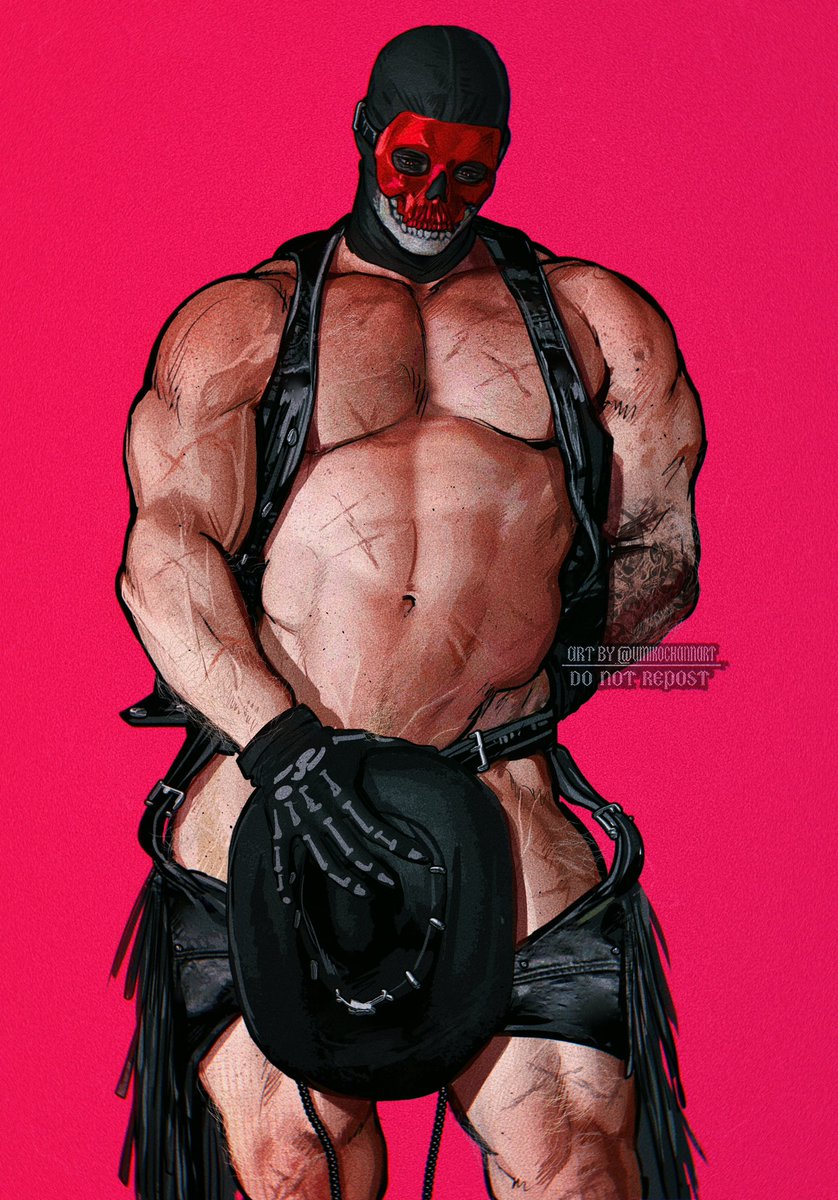 1boy, call of duty, call of duty modern warfare 2 (2022), cowboy hat, ghost (modern warfare 2), latex clothing, male, male only, masked, masked male, muscular, muscular male, scars, simon riley, solo, tattoo sleeve, tattoos, umikochannart