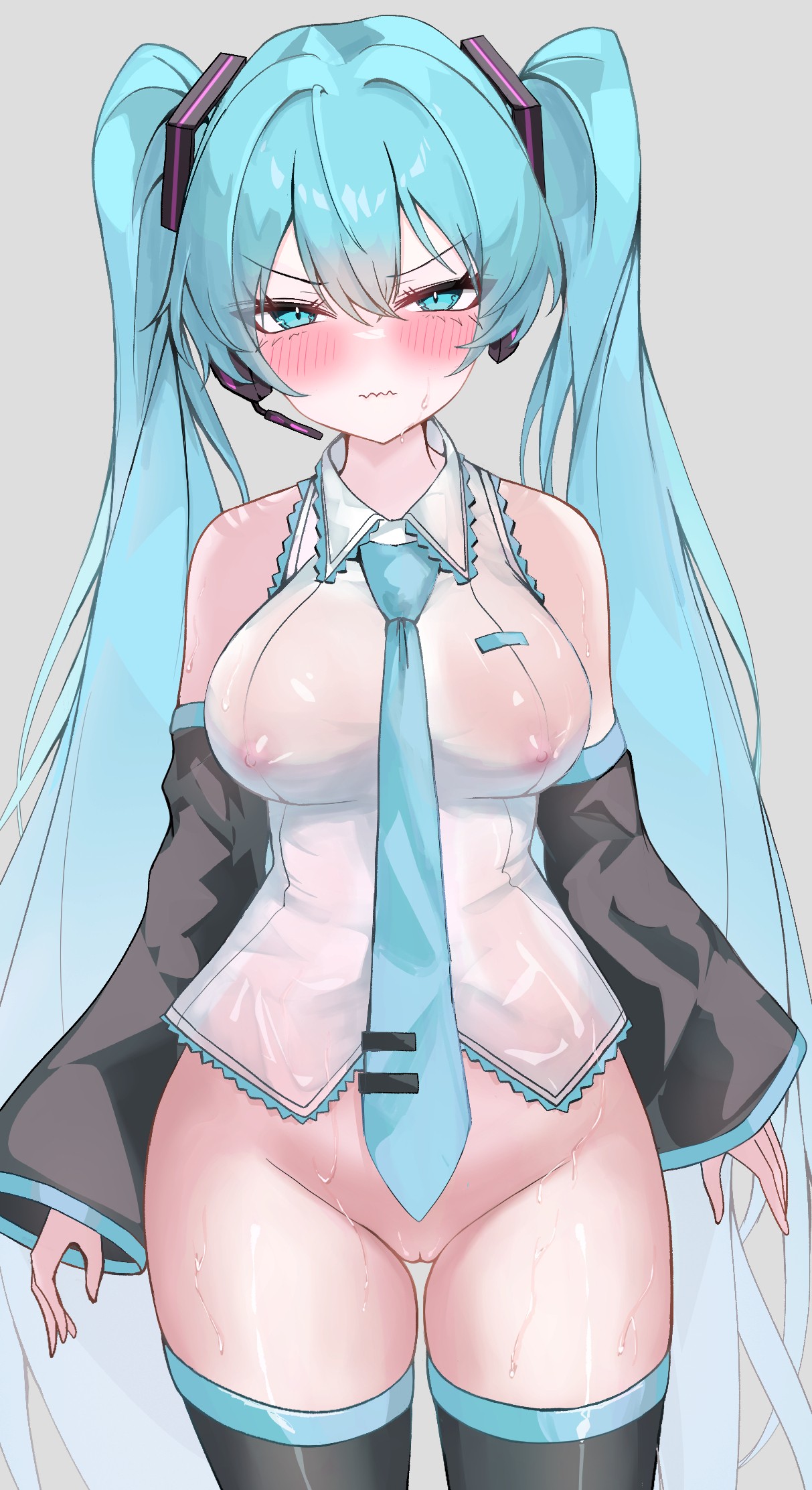 1girl, 1girls, absurdly long hair, alternate breast size, aqua eyes, aqua hair, areolae, belly, belly button, black legwear, black stockings, black thigh highs, black thighhighs, blue eyebrows, blue eyes, blue hair, blue-eyed female, blue-haired female, blush, blush face, blushing at viewer, blushing female, blushing lines, breasts, busty, busty female, cleft of venus, collarbone, covered nipples, cyan eyes, cyan hair, cyan-eyed female, cyan-haired female, detached sleeves, digital, digital art, digital drawing, digital drawing (artwork), digital media, digital media (artwork), double-parted bangs, eikawa suru, embarrassed, embarrassed expression, embarrassed female, exposed, exposed breasts, exposed nipples, exposed pussy, exposed shoulders, exposed thighs, exposed tits, eyebrows visible through hair, female, female focus, female only, fingers, flustered, flustered female, frown, frown eyebrows, frowning, frowning at viewer, grey background, groin, hair between eyes, hair intakes, half naked, half nude, hatsune miku, headset, high resolution, highres, hourglass figure, inguinal crease, inguinal ligament, kawasuru, large breasts, lean figure, legwear, long hair, looking at viewer, midriff, naked, naked female, naked woman, narrow waist, navel, necktie, nipple bulge, nipples, nude, nude female, nudity, pubic hair, pussy, pussy lips, see-through, semi nude, shoulders, simple background, slender body, slender waist, slim waist, solo, standing, stockings, thick thighs, thigh gap, thigh highs, thighhighs, thighs, twintails, twintails (hairstyle), uncensored, uncensored breasts, uncensored nipples, uncensored pussy, uncensored vagina, upper body, very long hair, very long-haired female, vocaloid, vulva, vulva line, wide hips