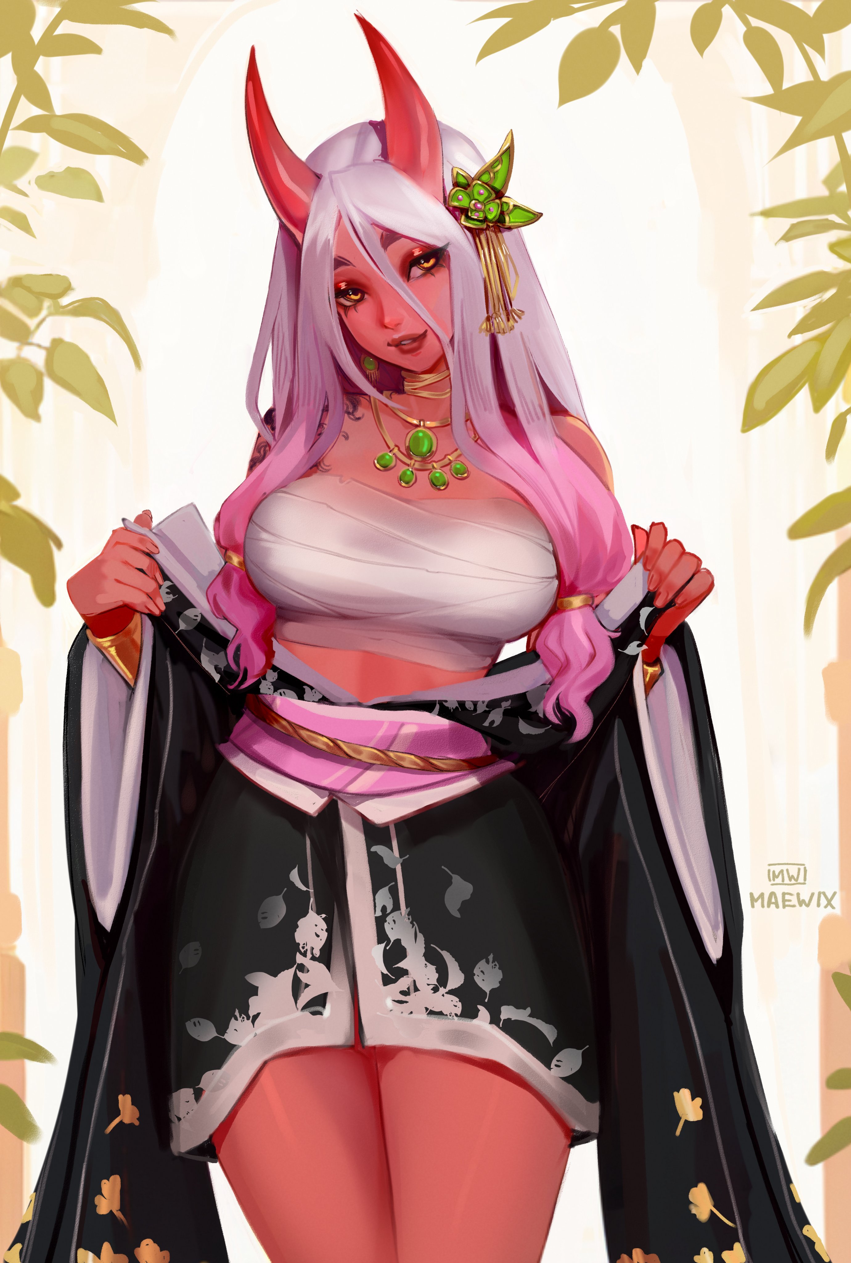 1girls, absurd res, bandage, bandaged chest, bandages, female, female only, hair ornament, highlights (coloring), horns, japanese clothes, kimono, long hair, looking at viewer, maewix1, necklace, oni, oni female, oni horns, pink highlights, red skin, sidelocks, smiling, smiling at viewer, solo, white hair