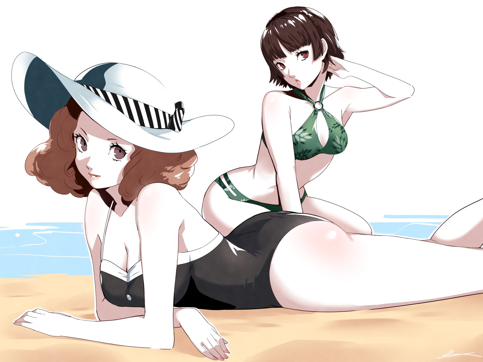2girls, ass, atlus, beach, bikini, black one-piece swimsuit, braid, breasts, brown eyes, brown hair, cleavage, commentary, crown braid, eightyfourart, english commentary, female, female only, green bikini, grin, haru okumura, haru okumura (swimsuit strikers), hat, highres, lips, lying, makoto niijima, makoto niijima (swimsuit strikers), medium breasts, multiple females, multiple girls, official alternate costume, one-piece swimsuit, persona, persona 5, pink lips, sand, sitting, small breasts, smile, sun hat, swimsuit, water