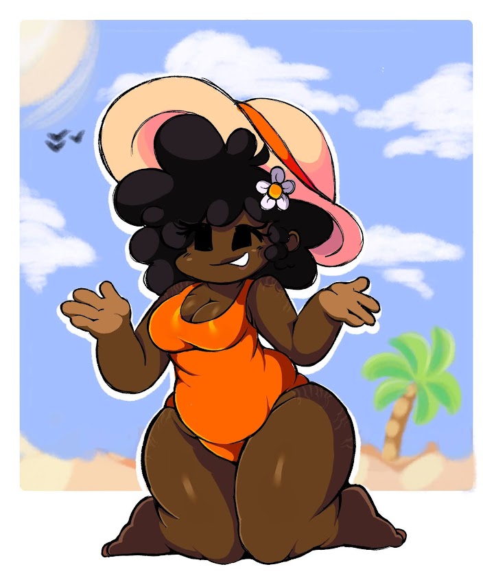 1girls, african female, afro, animation sensation, bare thighs, barefeet, barefoot, beach, beach background, big ass, big breasts, bikini, breasts, carol (bbpanzu), chubby female, dark skin, dark-skinned female, fat ass, feet, female, female only, flower in hair, fnf, fnf mods, friday night funkin, friday night funkin mod, looking at viewer, mob face, orange clothing, posing for the viewer, puffy hair, shortstack, sitting, sitting on floor, stretch marks, sun hat, sunhat, thick thighs, wide hips