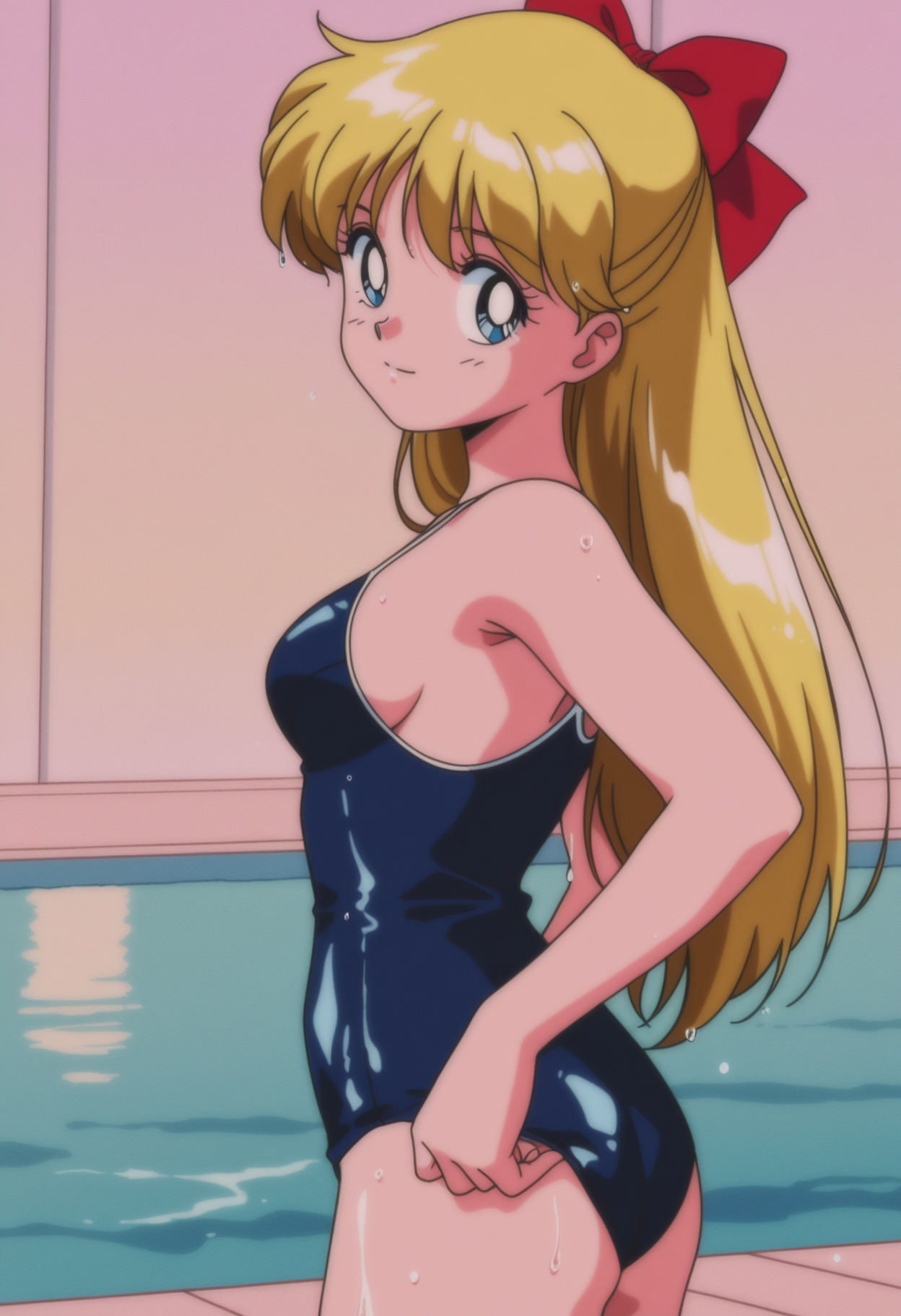 1girls, accurate art style, adult swim, alluring, ass, bare legs, bishoujo senshi sailor moon, bishoujo senshi sailor moon r, bishoujo senshi sailor moon r the movie, bishoujo senshi sailor moon s, bishoujo senshi sailor moon s the movie, bishoujo senshi sailor moon supers, bishoujo senshi sailor moon supers the movie, blue eyes, breasts, chui (artist), female, looking at viewer, medium breasts, minako aino, one-piece bikini, pin up, sailor venus, swimming pool, toei animation, toonami, wet