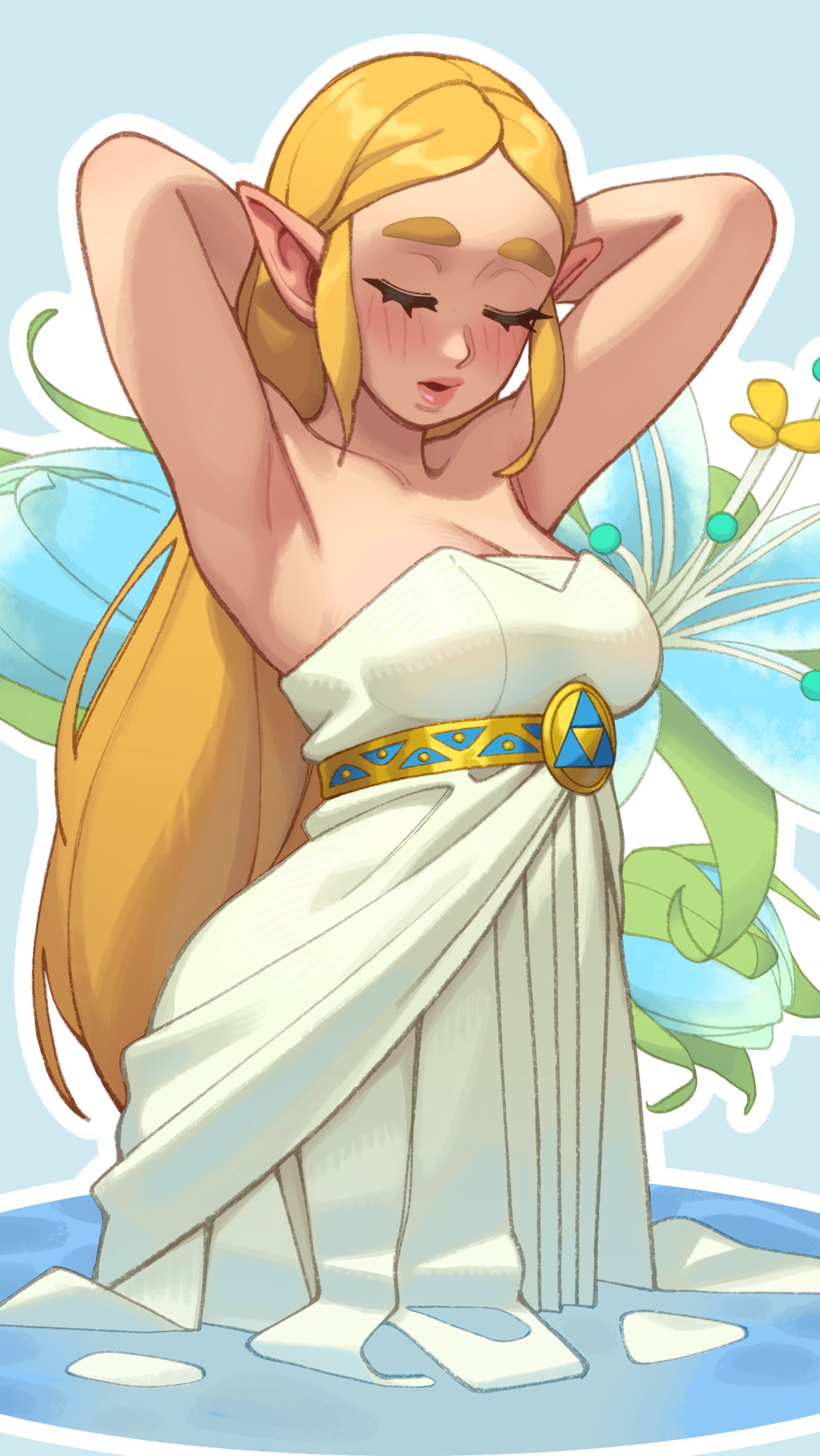 1girls, armpits, arms behind head, arms up, bare shoulders, blonde hair, blush, breasts, breath of the wild, cleavage, closed eyes, commentary, english commentary, female, flower, highres, jewelry, long hair, official alternate costume, official alternate hairstyle, open mouth, pointy ears, princess zelda, rizdraws, sidelocks, sleeveless, solo, the legend of zelda, thick eyebrows, thick lips, wading, zelda (breath of the wild)