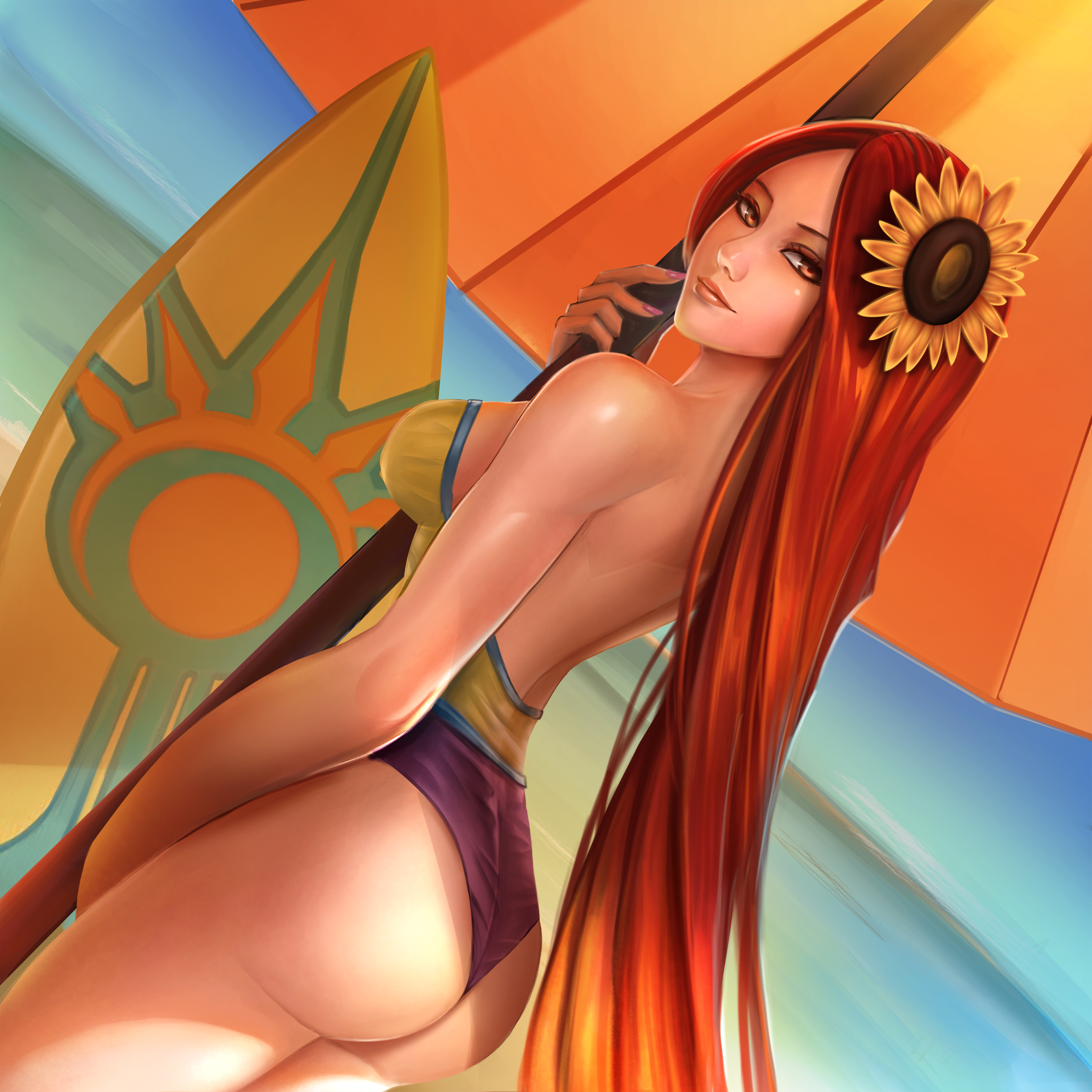 1girls, ass, badcompzero, beach, breasts, eyeshadow, female, hair flower, league of legends, leona (league of legends), lipstick, orange hair, pool party leona, pool party series, red hair, solo, sunflower, umbrella, very long hair
