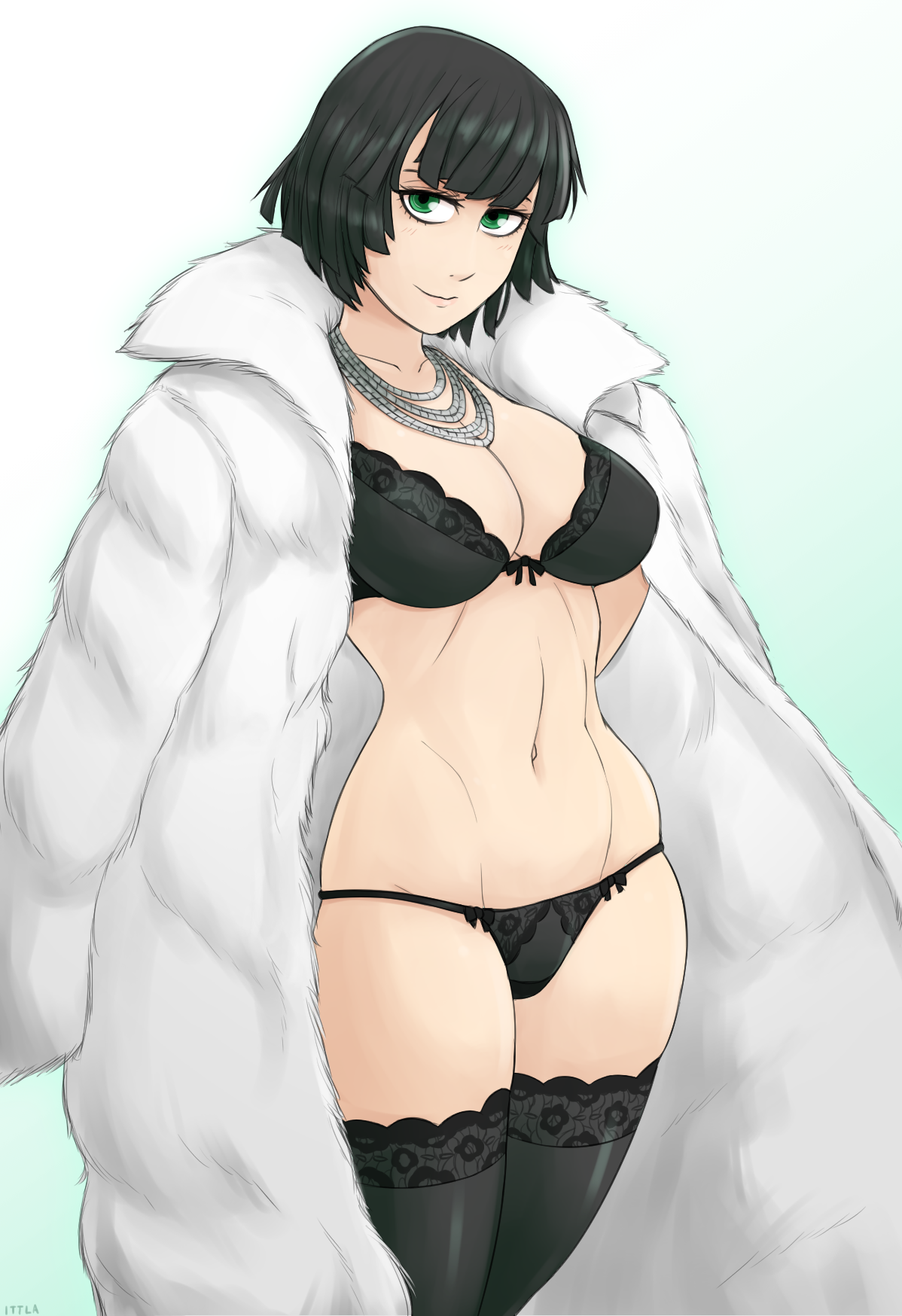 black bra, black hair, black legwear, black panties, blush, bow bra, bow panties, bra, breasts, cleavage, coat, female, fubuki (one-punch man), fur coat, ittla, looking at viewer, navel, one-punch man, open clothes, open coat, panties, short hair, solo, thighhighs, underwear