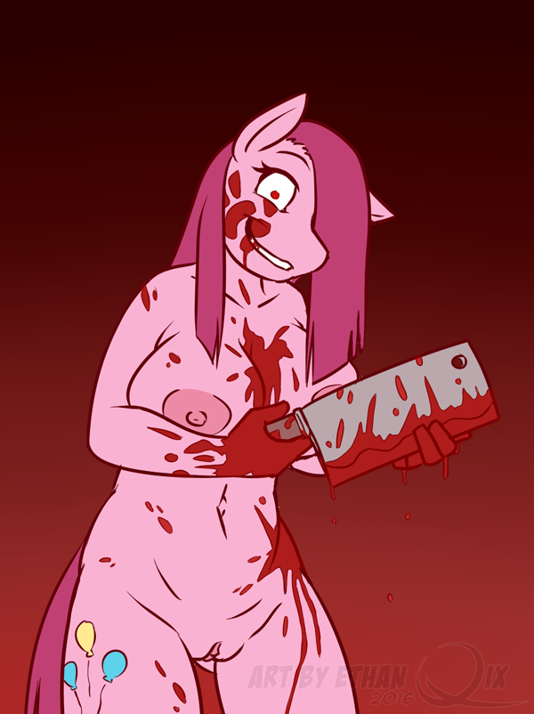 2016 anthro anthrofied areola blood equine ethanqix female friendship_is_magic horse mammal meat_cleaver my_little_pony nipples nude pinkamena_(mlp) pinkie_pie_(mlp) pony pussy red_eyes solo straight_hair