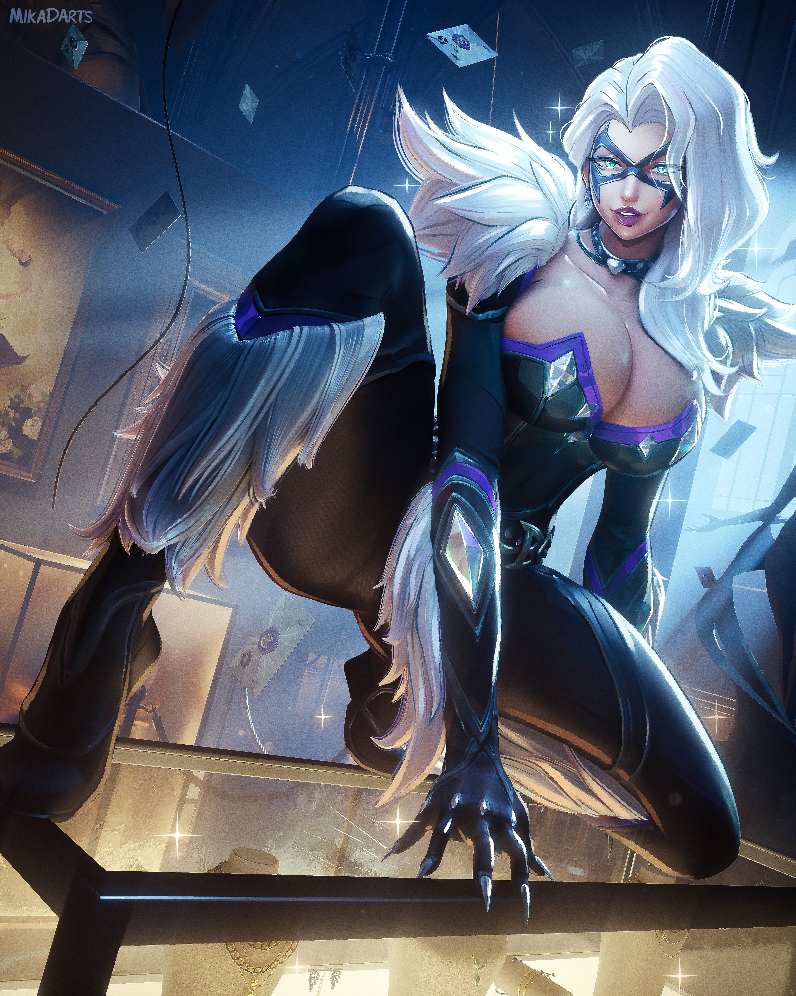 1girls, 2026, 3d, 3d (artwork), absurd res, bell, black cat (marvel rivals), black cat (marvel), blender, bodysuit, breasts, chest, choker, cleavage, collar, criminal, eye mask, felicia hardy, female, full body, full body suit, fully clothed, fur, green eyes, high resolution, highres, hot, huge breasts, jewel, looking at viewer, marvel, marvel comics, marvel rivals, mask, masked female, mikadawn, robbery, round breasts, sensual, sexy, sexy body, sexy pose, sharp claws, skin tight, solo, spandex, spandex suit, spider-man (series), spread legs, tight clothes, tight clothing, tight fit, twitter, white hair