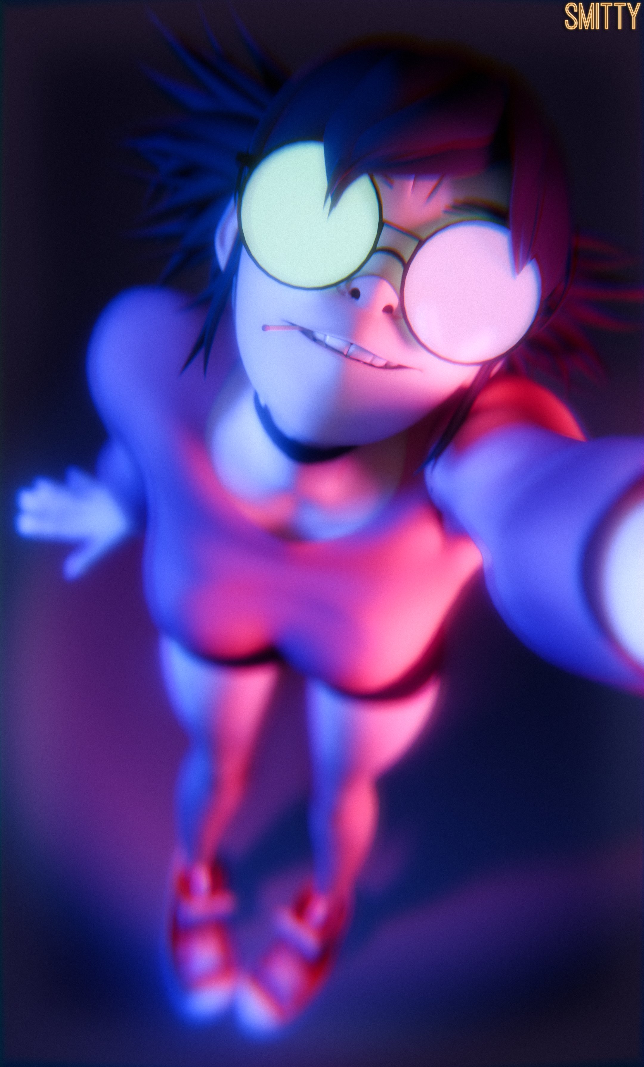 1girls, 3d, asian, asian female, female, glasses, gorillaz, looking at viewer, noodle (gorillaz), noodle (saturnz barz), smitty34, solo