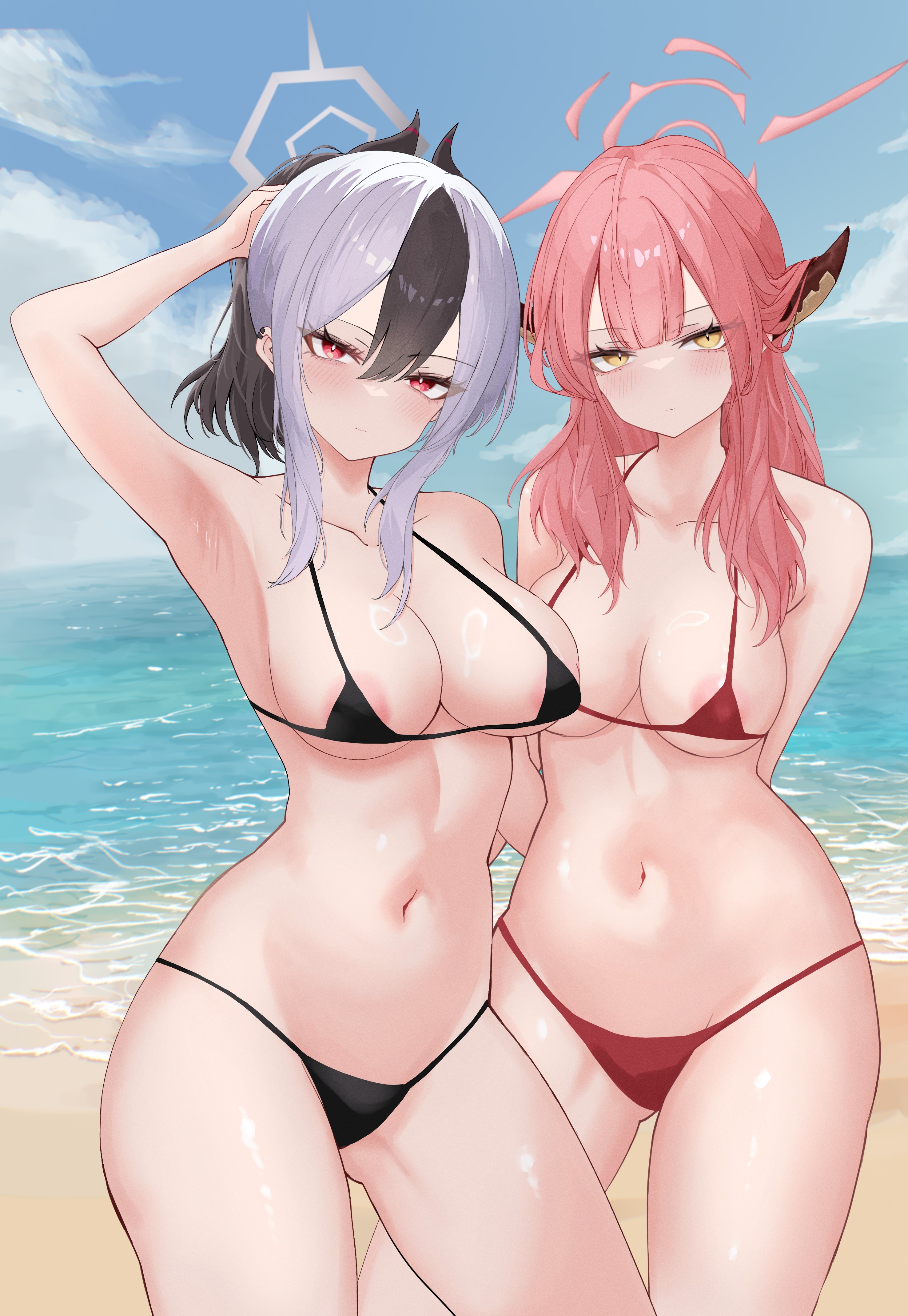 2girls, areola slip, areolae, areolae slip, arm above head, arm up, armpit, armpit crease, armpit peek, armpits, aru (blue archive), ass visible through thighs, bare armpits, bare arms, bare belly, bare chest, bare hands, bare hips, bare legs, bare midriff, bare navel, bare shoulders, bare skin, bare thighs, beach, belly, belly button, big breasts, bikini, bikini bottom, bikini only, bikini top, black bikini, black bikini bottom, black bikini top, black hair, black string bikini, black swimsuit, black swimwear, black-haired female, blank expression, blank eyes, blank stare, blue archive, blue sky, breasts, busty, busty female, center-flap bangs, cleavage, clouds, coast, collarbone, curvaceous, curvaceous body, curvaceous female, curvaceous figure, curvaceous hips, curvy, curvy body, curvy female, curvy figure, curvy hips, day, daylight, daytime, digital, digital art, digital drawing, digital drawing (artwork), digital media, digital media (artwork), double-parted bangs, ear piercing, ear piercings, eikawa suru, elbows, emotionless, exposed armpits, exposed arms, exposed belly, exposed chest, exposed hips, exposed legs, exposed midriff, exposed navel, exposed shoulders, exposed skin, exposed thighs, eyebrows visible through hair, female, female focus, female only, fingernails, fingers, grey halo, groin, hair between eyes, hairless armpits, half naked, half nude, halo, halterneck, hand above head, hand up, head tilt, high resolution, highres, horizon, hourglass figure, inguinal crease, inguinal ligament, kawasuru, kayoko (blue archive), large boobs, large breasts, lean figure, long hair, looking at viewer, micro bikini, midriff, multicolored hair, multiple females, multiple girls, naked, naked female, naked woman, narrow waist, navel, neutral expression, nipple bulge, nude, nude female, nudity, ocean, outdoor, outdoor nudity, outdoors, outside, pierced ear, pierced ears, pink eyebrows, pink hair, pink halo, pink-haired female, plump breasts, red bikini, red bikini bottom, red bikini top, red eyes, red string bikini, red swimsuit, red swimwear, red-eyed female, sand, sea, seaside, semi nude, shaved armpits, shoulders, silver hair, silver-haired female, sky, slender body, slender waist, slim waist, standing, string bikini, swimsuit, swimwear, thick thighs, thigh gap, thighs, thong bikini, tilted head, uncensored, uncensored breasts, uncensored nipples, upper body, wide hips, yellow eyes, yellow-eyed female