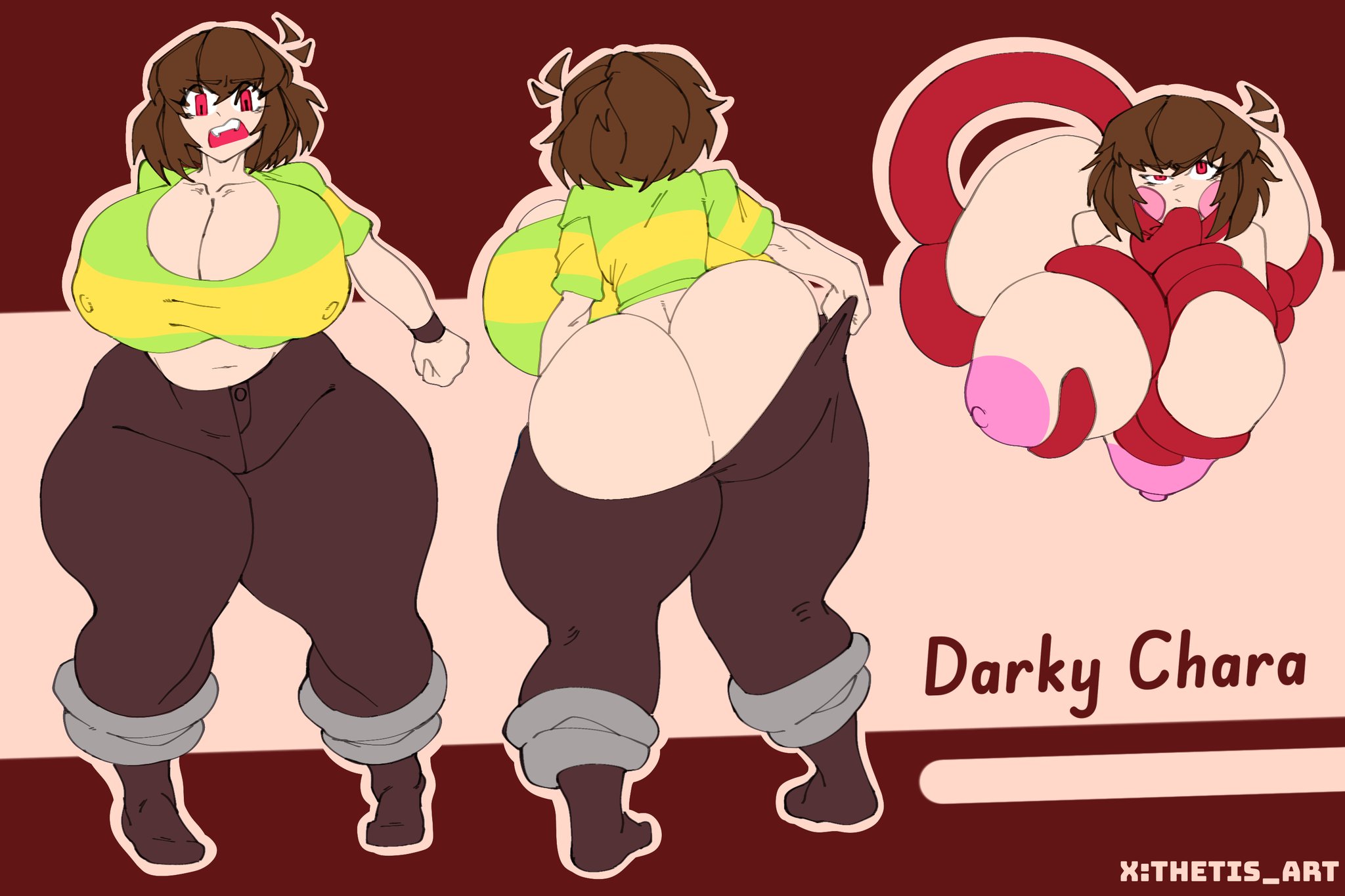 ass, ass cleavage, big ass, big breasts, big thighs, breast grab, breast squeeze, breasts, brown hair, chara, darky, female, female chara, plump ass, red eyes, short shirt, tentacle, tentacle in mouth, tentacle sex, thetis (artist), undertale, undertale (series)