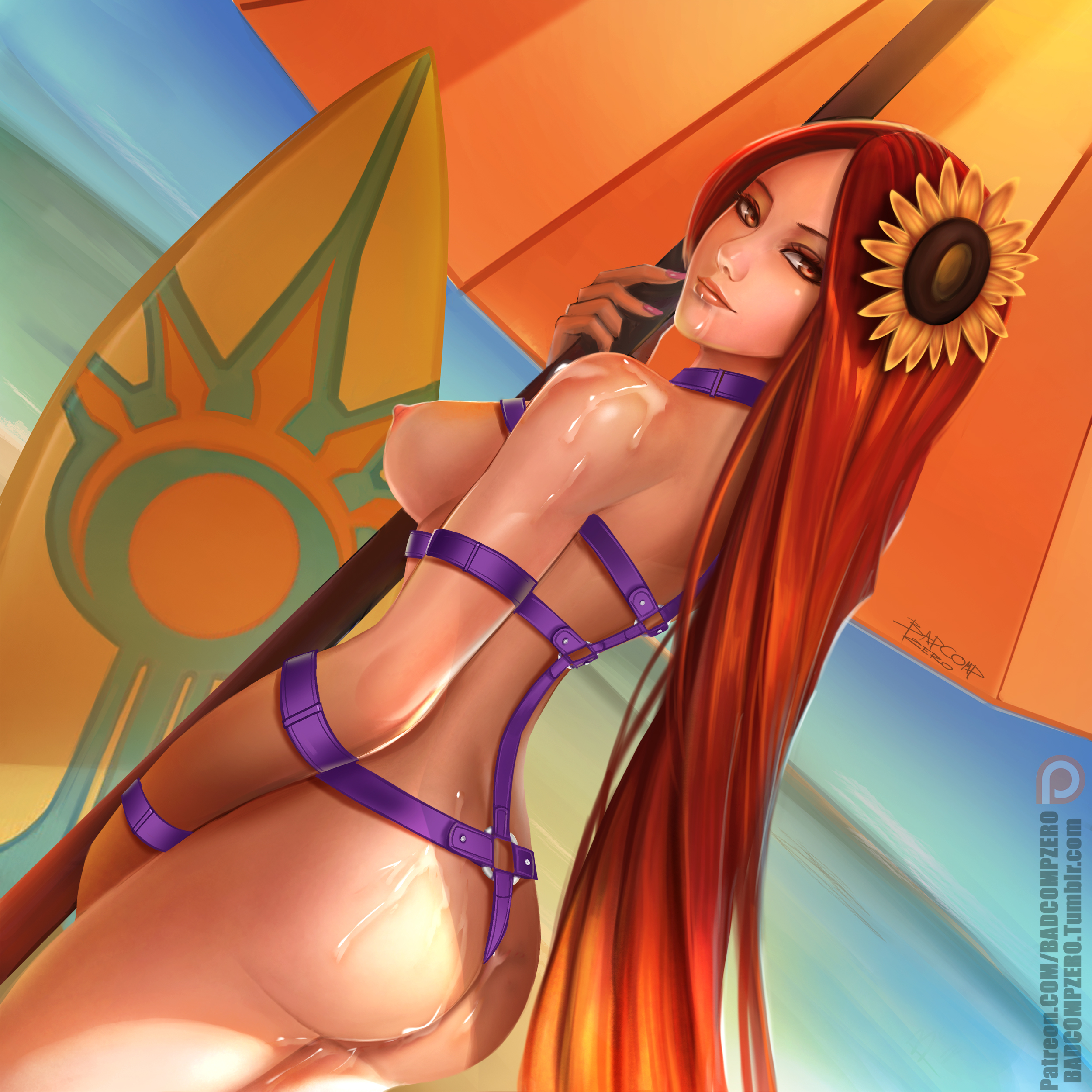 1girls, ass, badcompzero, beach, bondage, breasts, bukkake, cum, cum on ass, cum on face, cum on lips, cum on shoulder, female, hair flower, harness, league of legends, leona (league of legends), nipples, nude, pool party leona, pool party series, solo, sunflower, umbrella