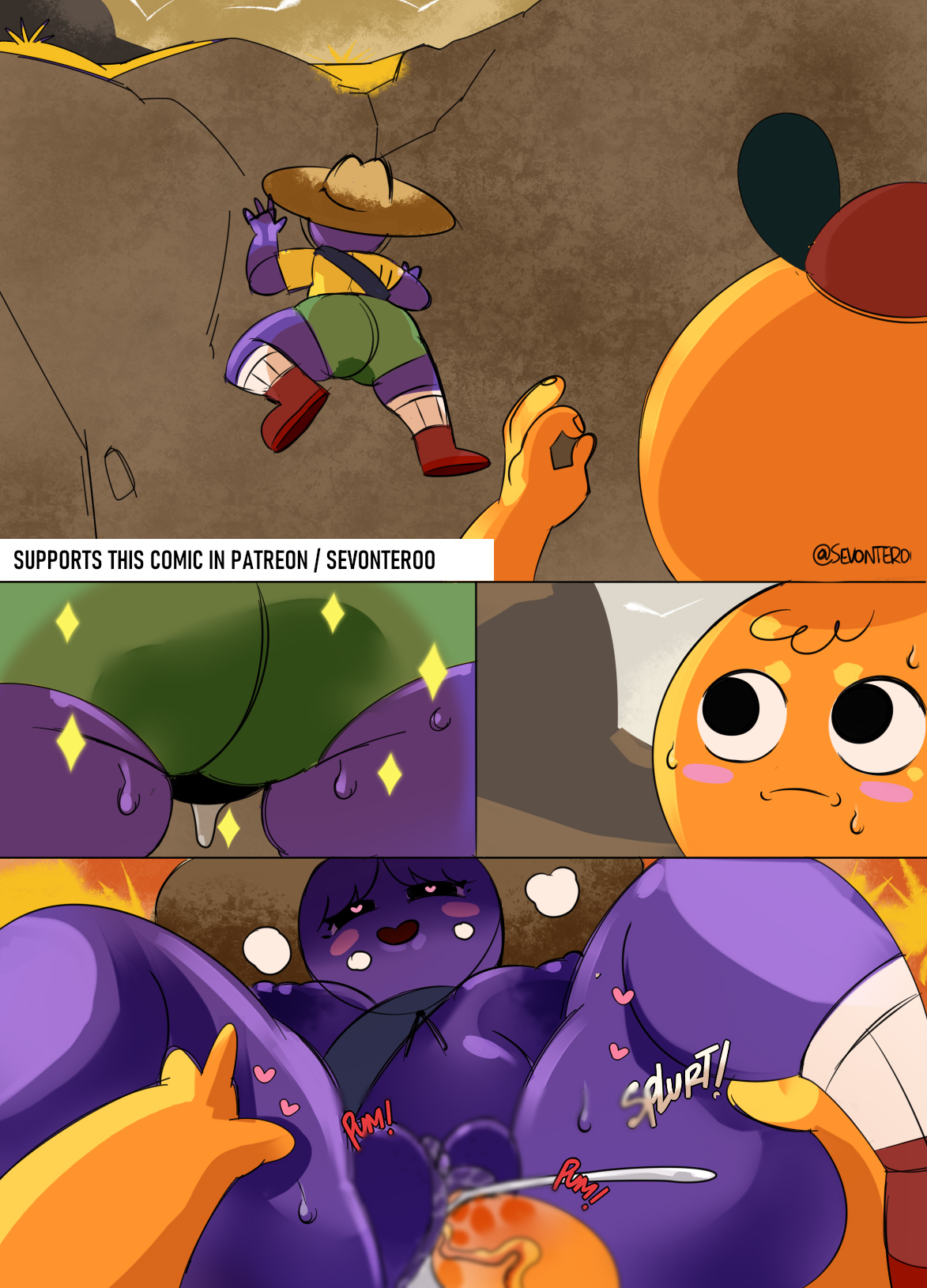 comic, female, male, orange skin, peak (videogame), penetration, purple skin, scout (peak), sevonteroo, sex, wet