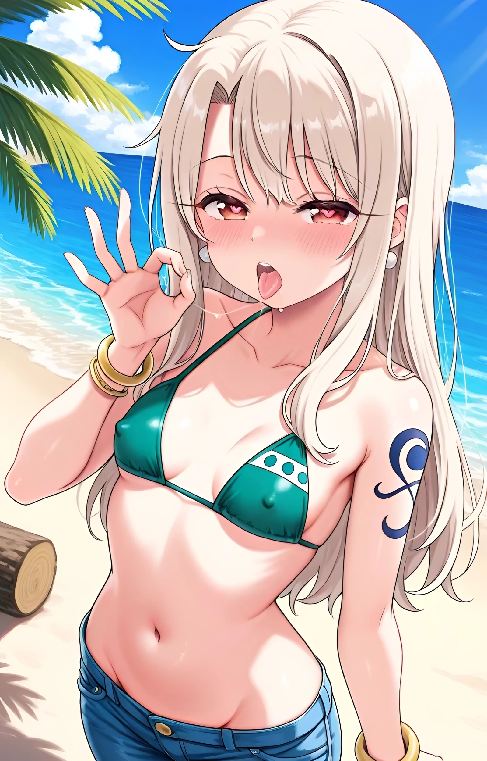 ai, ai generated, beach, bikini top only, breasts, cosplay, covered nipples, crossover, crossover cosplay, day, denim, fate (series), fate/grand order, fate/kaleid liner prisma illya, fellatio gesture, female, female only, green bikini, groin, heart-shaped pupils, illyasviel von einzbern, jeans, long hair, looking at viewer, makayai, midriff, nami (one piece) (cosplay), navel, one piece, open mouth, petite, red eyes, saliva, saliva trail, small breasts, tongue out, white hair, younger female