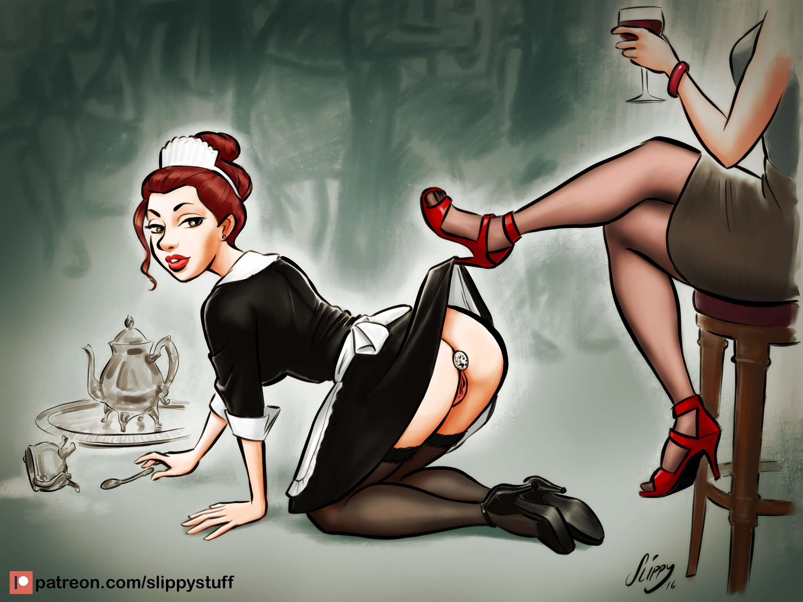 2016, 2girls, all fours, anal, anal insertion, ass, bent over, bondage, boss and subordinate, buttplug, dominant female, duo, female, female domination, female only, femdom, femsub, high heels, human, human only, jewel buttplug, jewel plug, lezdom, light skin, light-skinned female, maid, maid headdress, maid uniform, multiple females, multiple girls, princess plug, pussy, slippystuff, uniform, unseen female face, yuri
