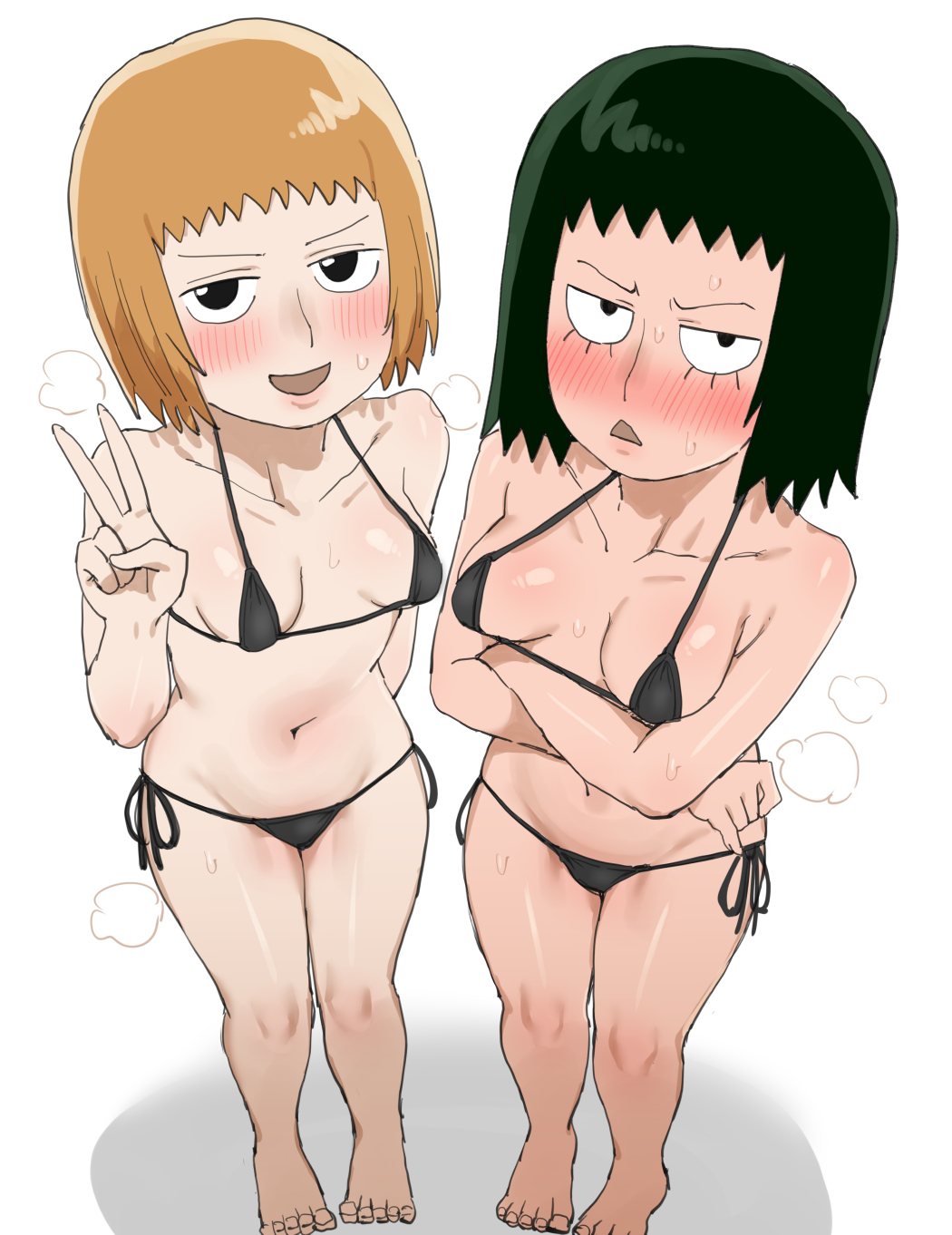 2girls, ax g90, bikini, black bikini, duo, duo female, female, female only, highschool, kurata tome, lingerie, lingerie only, mezato ichi, mob psycho 100, peace sign, schoolgirl, schoolgirl uniform, short black hair, short brown hair, short hair, side-tie bikini, standing, swimsuit, teenage female, teenager, womens lingerie