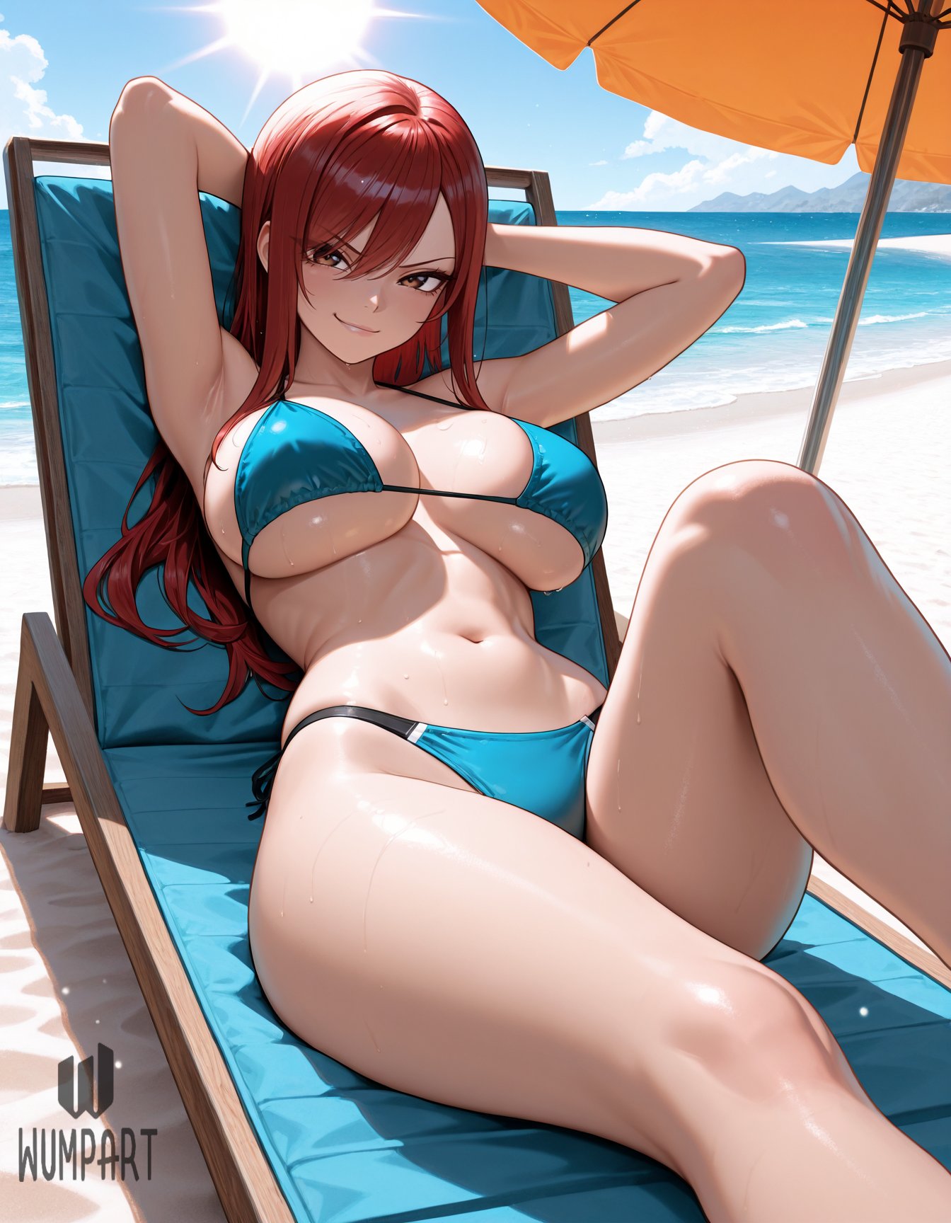 1girls, ai generated, armpits, arms behind head, arms up, artist name, bare shoulders, beach, beach chair, beach umbrella, bikini, blue bikini, blue sky, breasts, brown eyes, chair, cleavage, day, erza scarlet, fairy tail, female, halterneck, knee up, large breasts, long hair, looking at viewer, lying, navel, ocean, on back, outdoors, parted lips, red hair, red-haired female, side-tie bikini bottom, sky, smile, solo, stomach, string bikini, sun, swimsuit, thighs, umbrella, underboob, water, wet, wumpart