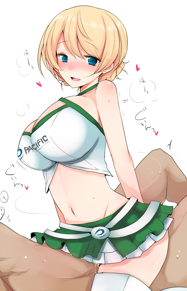 1boy :d arms_behind_back bare_shoulders belt blonde_hair blue_eyes blush braid breasts cleavage clothed_female_nude_male clothes_writing cowgirl_position criss-cross_halter cum darjeeling dark_skin eyebrows eyebrows_visible_through_hair female french_braid girls_und_panzer green_skirt halter_top halterneck han_(jackpot) heart huge_breasts knees_up layered_skirt looking_at_viewer lying midriff motion_lines navel nose_blush nude on_back open_mouth pleated_skirt shiny shiny_skin short_hair simple_background skirt smile stomach straddling sweat sweatdrop thighhighs thighs tied_hair upright_straddle white_background zettai_ryouiki