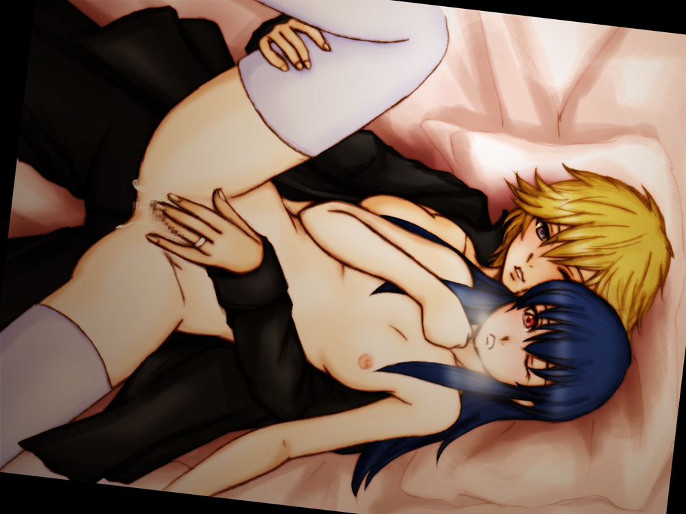 2girls bed_sheet blonde_hair blue_hair censored character_request clothed_female_nude_female cowgirl_position female fingering formal heavy_breathing inamori_yoshi jewelry long_hair lying lying_on_person mosaic_censoring multiple_girls nipples nude on_back one_eye_closed purple_eyes red_eyes reverse_trap ring sheill short_hair small_breasts spread_legs suit thighhighs vice_no_valkyria wedding_band yuri