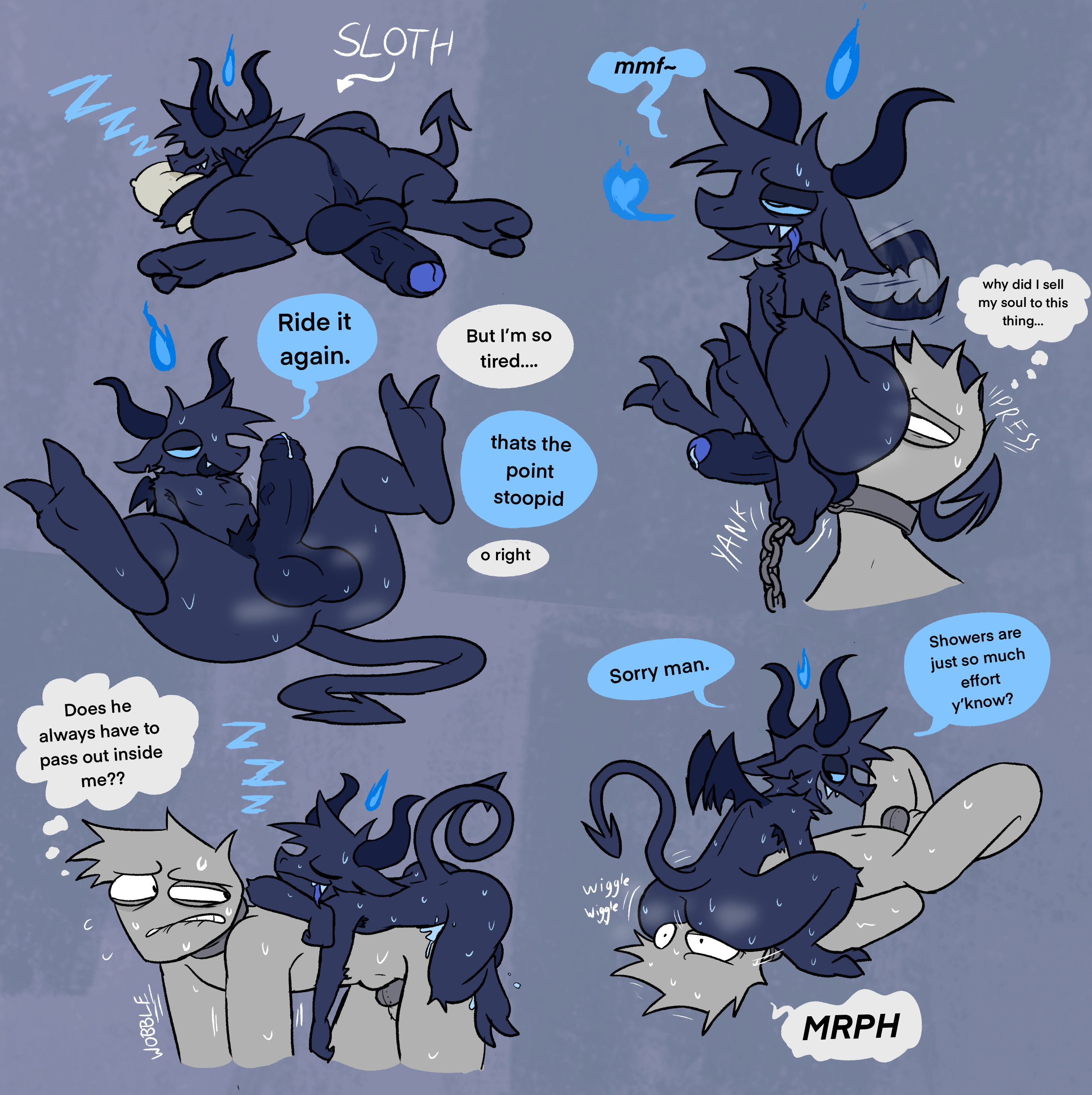 chastity, chastity cage, demon, femboy, femboy on male, femboydom, furry, gay, happyroadkill, imp, male, male on male, monster, monster boy, presenting anus, rimming, rimming male, slave, small dom big sub, sweat, text, text bubble, wings