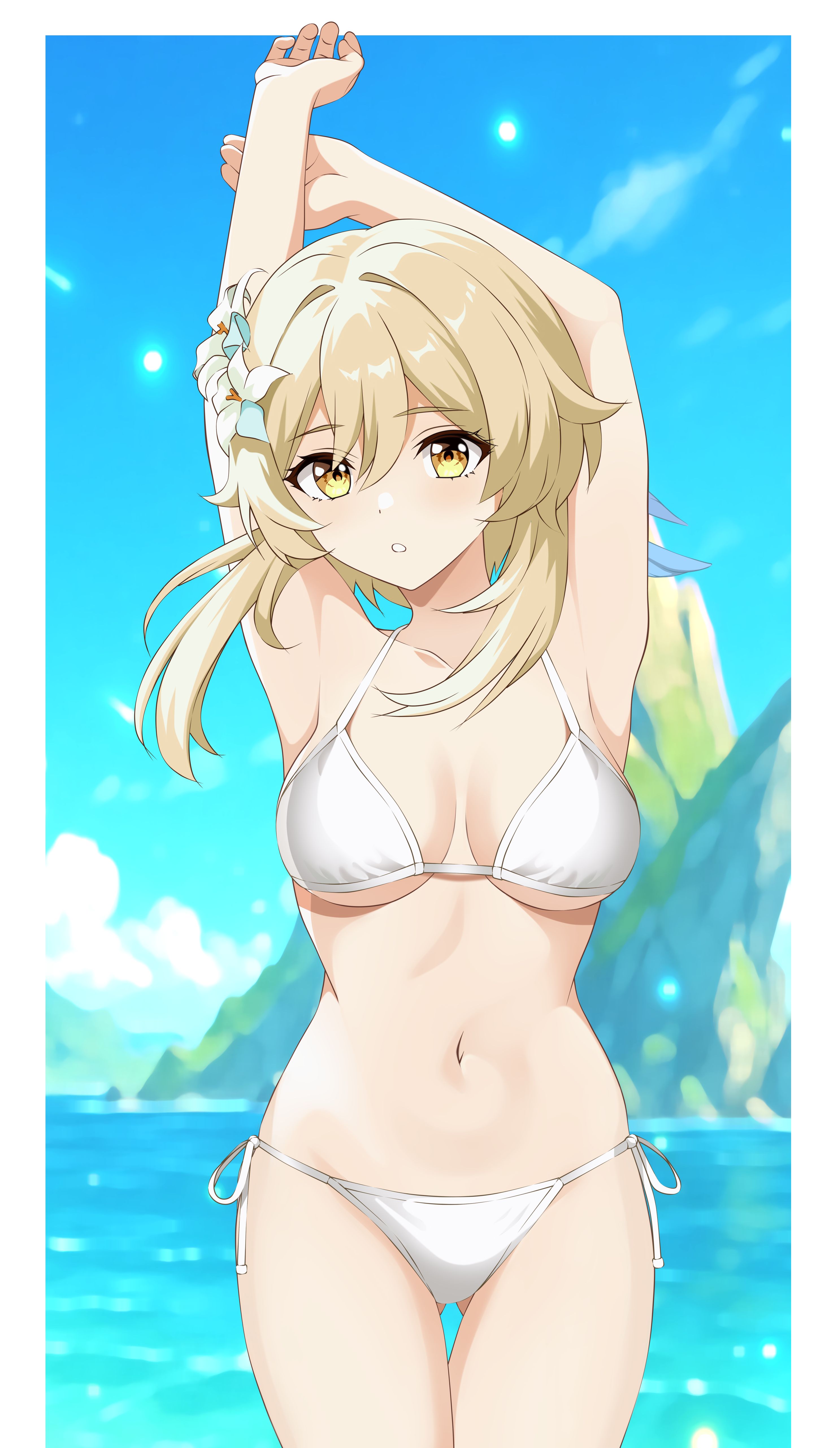 1girls, almost naked, almost nude, arm above head, arm up, armpit, armpit crease, armpit peek, armpits, arms above head, arms up, ass visible through thighs, bare armpits, bare arms, bare belly, bare chest, bare hands, bare hips, bare legs, bare midriff, bare navel, bare shoulders, bare skin, bare thighs, bare torso, belly, belly button, big breasts, bikini, bikini bottom, bikini only, bikini top, blonde eyebrows, blonde female, blonde hair, blonde-haired female, blue sky, blurred background, blurry background, breasts, breasts apart, busty, busty female, clouds, collarbone, curvaceous, curvaceous body, curvaceous female, curvaceous figure, curvaceous hips, curvy, curvy body, curvy female, curvy figure, curvy hips, day, daylight, daytime, digital, digital art, digital drawing, digital drawing (artwork), digital media, digital media (artwork), elbows, exposed armpits, exposed arms, exposed belly, exposed chest, exposed hips, exposed legs, exposed midriff, exposed navel, exposed shoulders, exposed skin, exposed thighs, exposed torso, eyebrows visible through hair, female, female focus, female only, fingernails, fingers, flower, flower hair ornament, flower in hair, flower on head, genshin impact, groin, hair between eyes, hair ornament, hairless armpits, halterneck, hand above head, hand up, hands above head, hands up, head tilt, high resolution, highres, hourglass figure, inguinal crease, inguinal ligament, kiniro tofu, large boobs, large breasts, lean figure, long hair, looking at viewer, lumine (genshin impact), medium breasts, midriff, mostly nude, naked, naked female, naked woman, narrow waist, navel, nearly nude, nude, nude female, nudity, outdoor, outdoor nudity, outdoors, outside, plump breasts, posing, posing for the viewer, posing naked, posing nude, shaved armpits, shoulders, side-tie bikini, sky, slender body, slender waist, slim waist, solo, standing, string bikini, swimsuit, swimwear, thigh gap, thighs, tilted head, upper body, white bikini, white bikini bottom, white bikini top, white string bikini, white swimsuit, white swimwear, wide hips, yellow eyebrows, yellow eyes, yellow hair, yellow-eyed female, yellow-haired female