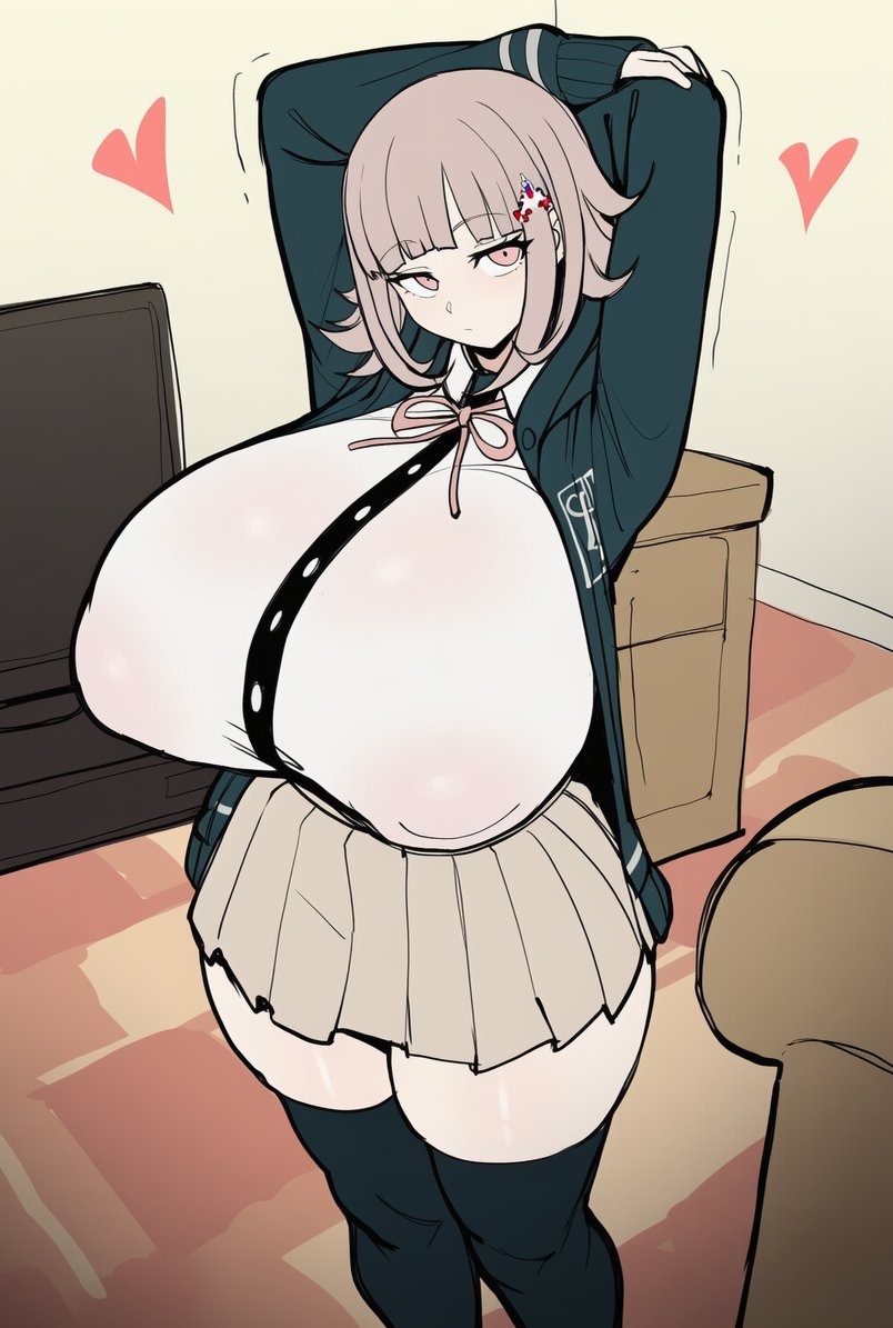 1girls, ai generated, alternate breast size, backpack, bag, big breasts, black legwear, breasts, danganronpa, danganronpa 2: goodbye despair, female, female only, flipped hair, hair ornament, hairclip, heart, huge breasts, hyper breasts, looking at viewer, nanami chiaki, pink eyes, pink hair, pink ribbon, pleated skirt, sabaento, short hair, skirt, solo, thighhighs