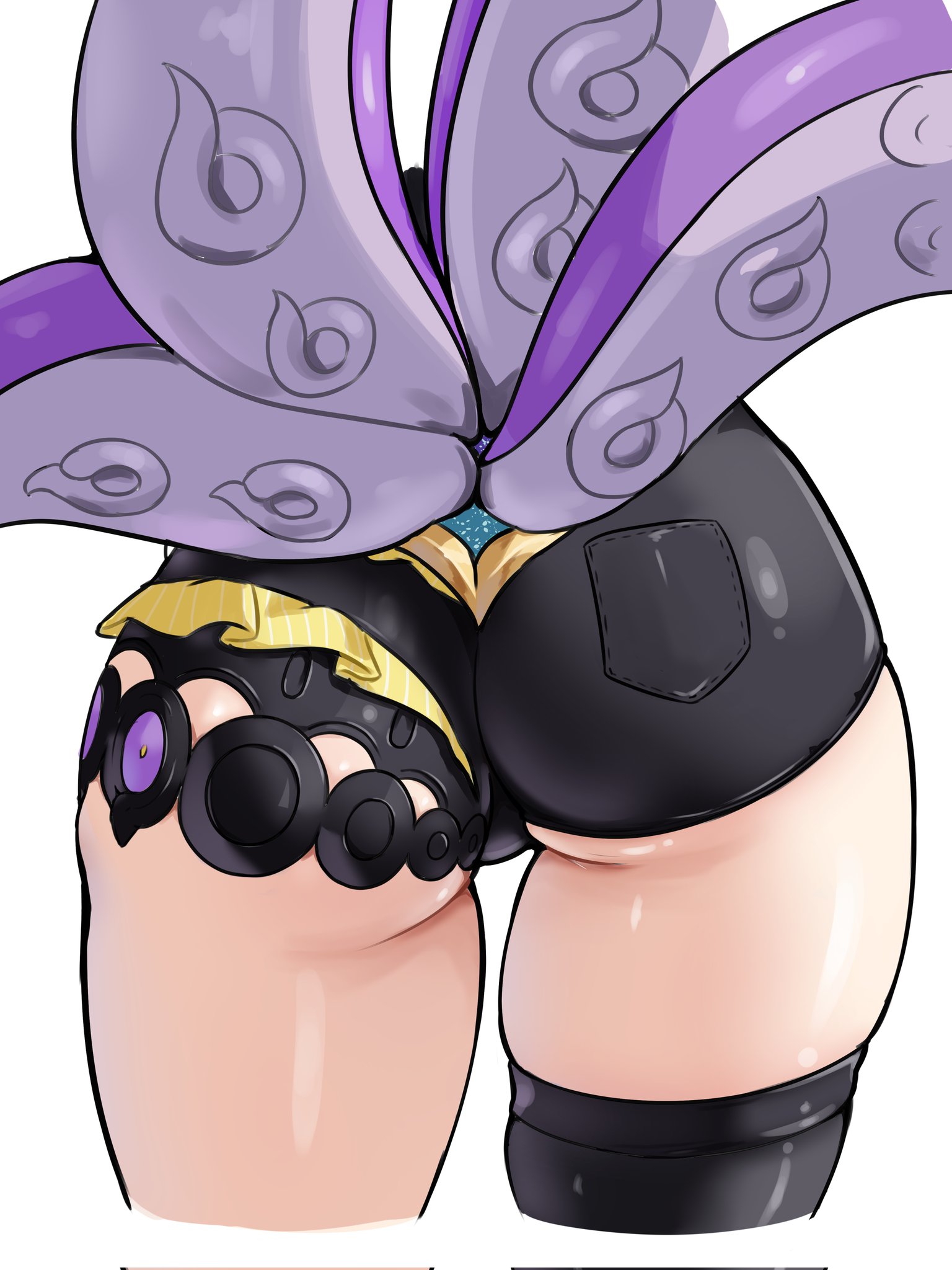 ass, ass focus, black shorts, black thighhighs, close-up, commentary, cropped legs, english commentary, female, female only, from behind, highres, octopus girl, pocket, shorts, simple background, single thighhigh, solo, tentacle, tentacle tail, thighhighs, thighs, white background, yidhari murphy, zancrowkami, zenless zone zero