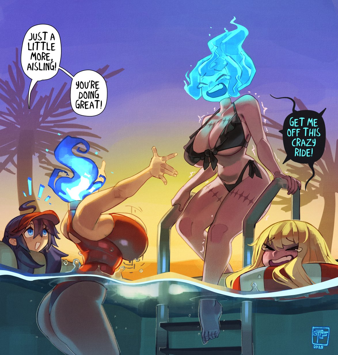 2girls, ass, big breasts, bikini, black hair, blonde hair, blue eyes, breasts, chloe (doemoo), closed eyes, dialogue, dullahan, embarrassed, english text, female, female only, gattles, partially submerged, pool, side-tie bikini, speech bubble, swimsuit