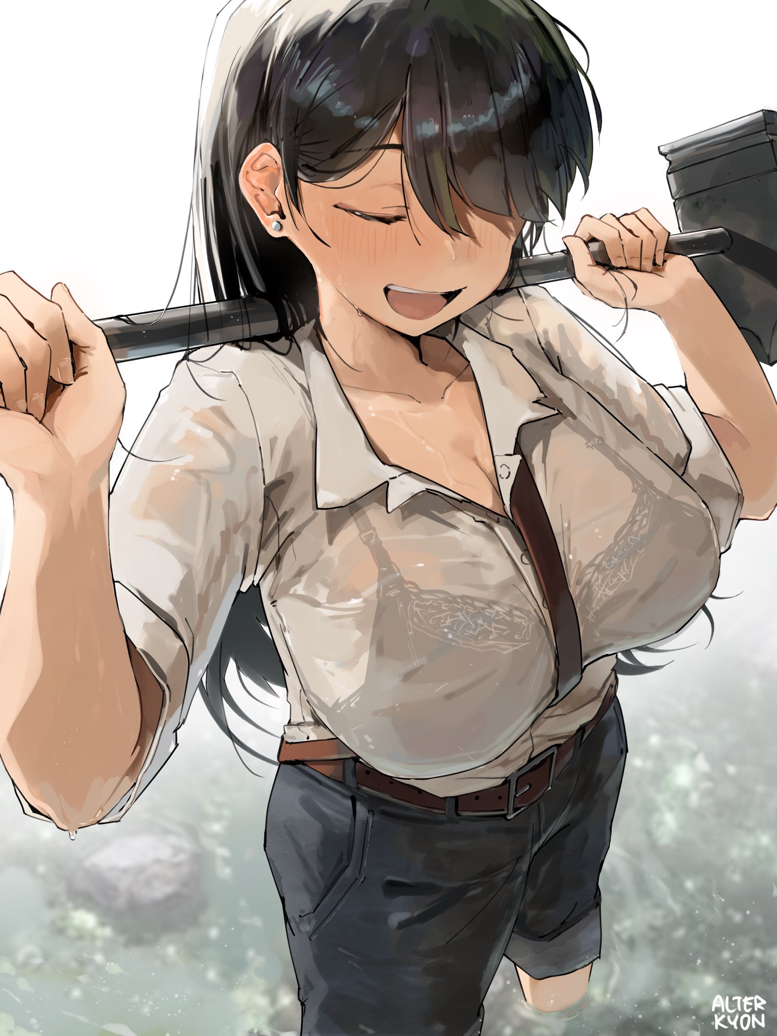 1girls, alterkyon, arato nagi, artist name, between breasts, black hair, bra visible through clothes, breasts, cleavage, closed eyes, commentary, earrings, english commentary, female, female only, hair over one eye, hammer, highres, holding, holding hammer, jewelry, large breasts, long hair, open mouth, outdoors, pants, pants rolled up, partially unbuttoned, river, ruri no houseki, shirt, solo, strap between breasts, stud earrings, wading, white shirt