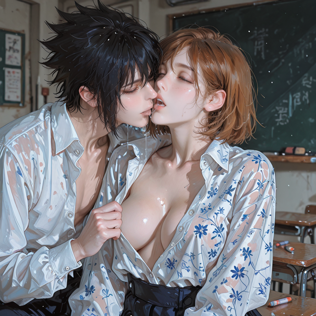 1boy, 1girls, abs, ai generated, belly, belly button, black eyes, black hair, blush, bob cut, breasts, brown eyes, classroom, cleavage, closed eyes, female, freckles, freckles on face, french kiss, french kissing, hand on another's chest, hand on chest, imminent sex, jujutsu kaisen, kissing, kugisaki nobara, large breasts, leaning forward, lips, making love, making out, male, moan, moaning, moaning in pleasure, muscles, muscular, muscular female, muscular male, naruto, naruto (series), naruto shippuden, navel, nipples visible through clothing, no bra, nobara kugisaki, painterly, pants, parted lips, partially clothed, partially nude, pleased, pleased expression, pleasure, pleasure face, pleasured, pleasured face, pleasured female, realistic, saliva, saliva drip, saliva on face, saliva on tongue, saliva string, saliva swap, saliva trail, sasuke uchiha, school, school chair, school desk, school uniform, schoolboy, schoolgirl, schoolgirl uniform, see-through, see-through clothes, see-through clothing, see-through dress, see-through shirt, see-through top, shirt open, short hair, sitting, sitting on chair, skirt, straight, student, sweat, tongue, tongue kiss, tongue out, uchiha sasuke, unbuttoned, unbuttoned shirt, undressed, undressing, undressing another, uniform, wet, wet body, wet clothes, wet clothing, wet skin