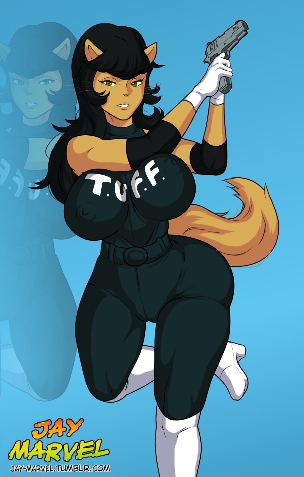 anthro, ass, black hair, bodysuit, breasts, cat, feline, female, female only, furry, green eyes, gun, huge ass, jay-marvel, kitty katswell, large breasts, t.u.f.f. puppy, thick thighs, voluptuous, weapon, wide hips