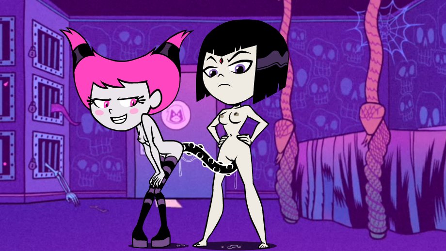 2girls, accurate art style, almost naked, alternate version available, bedroom, black hair, dc, dc comics, female, female only, jinx (dc), multiple females, multiple girls, pink eyes, pink hair, purple eyes, raven (dc), stockings, teen titans, teen titans go, teenage female, teenager, thighhighs, white body, zone