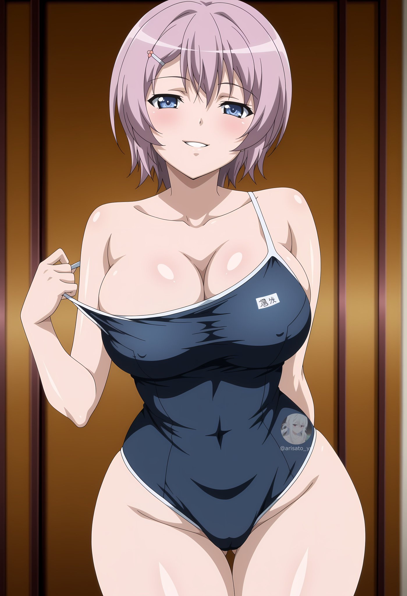 1girls, ai generated, arisato yu, big ass, big breasts, blue eyes, blush, breasts, busty, competition swimsuit, curvaceous, curvy, curvy body, curvy female, curvy figure, female, female focus, female only, flirting, flirting with viewer, hair ornament, hairclip, high resolution, ichinose anna, off shoulder, one-piece swimsuit, pulled by self, purple hair, ran sem, ran sen hakudaku delmo tsuma no miira tori, rin x sen + ran - sem cross mix, seducing, seduction, seductive, seductive eyes, seductive look, seductive mouth, seductive smile, short hair, smile, solo, solo focus, strap slip, swimsuit, taking clothes off, teenage female, teenager, uncensored, undressing, voluptuous, watermark, wide hips, young, younger female
