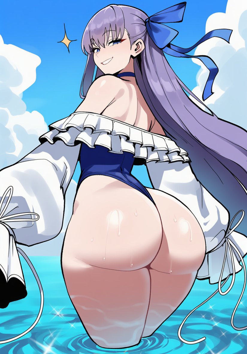 1girls, ai generated, ass, ass focus, back, bangs, bare shoulders, blue eyes, blue ribbon, blue sky, blush, breasts, choker, fate (series), fate/grand order, female, female only, frills, grin, hair ribbon, highleg swimsuit, huge ass, light-skinned female, long hair, long sleeves, looking at viewer, looking back, meltryllis, meltryllis (swimsuit lancer) (fate), puffy sleeves, purple hair, ribbon, sabaento, sky, sleeves past fingers, sleeves past wrists, small breasts, smile, solo, sparkle, swimsuit, thighs, very long hair, wading