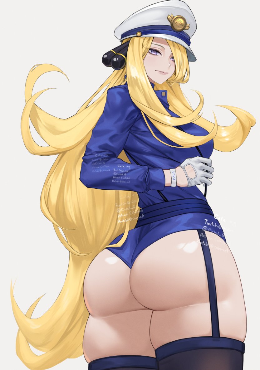 artist name, ass, blonde hair, blue garter straps, blue jacket, blue shorts, blue thighhighs, breasts, calad g, commentary, cynthia (pokemon), english commentary, female, female only, from behind, gabriel carrasquillo, game freak, gloves, grey eyes, hair ornament, hair over one eye, half gloves, hat, jacket, large breasts, long hair, looking at viewer, nintendo, peaked cap, pokemon, pokemon dppt, short shorts, shorts, simple background, skindentation, solo, thick thighs, thighhighs, thighs, very long hair, white background, white gloves, white hat, wrist straps